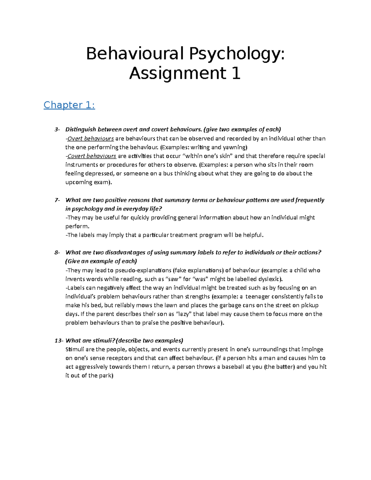 behavior writing assignment