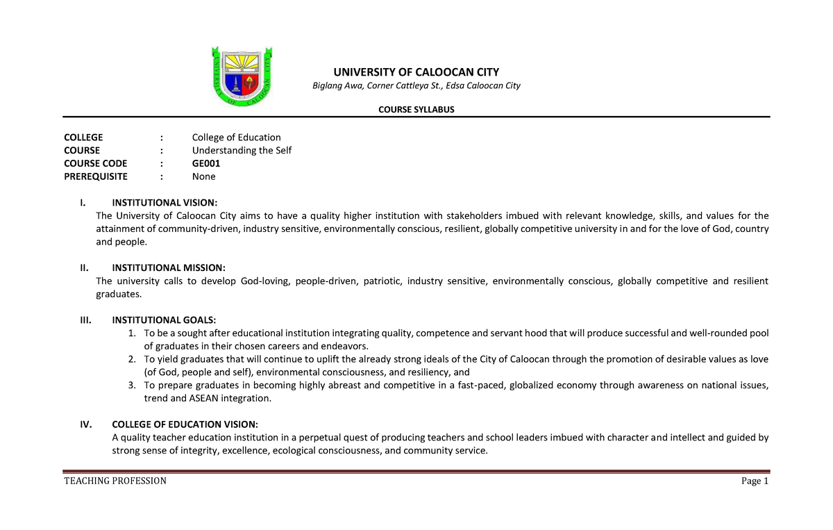 25396016 - Syllabus - UNIVERSITY OF CALOOCAN CITY Biglang Awa, Corner ...