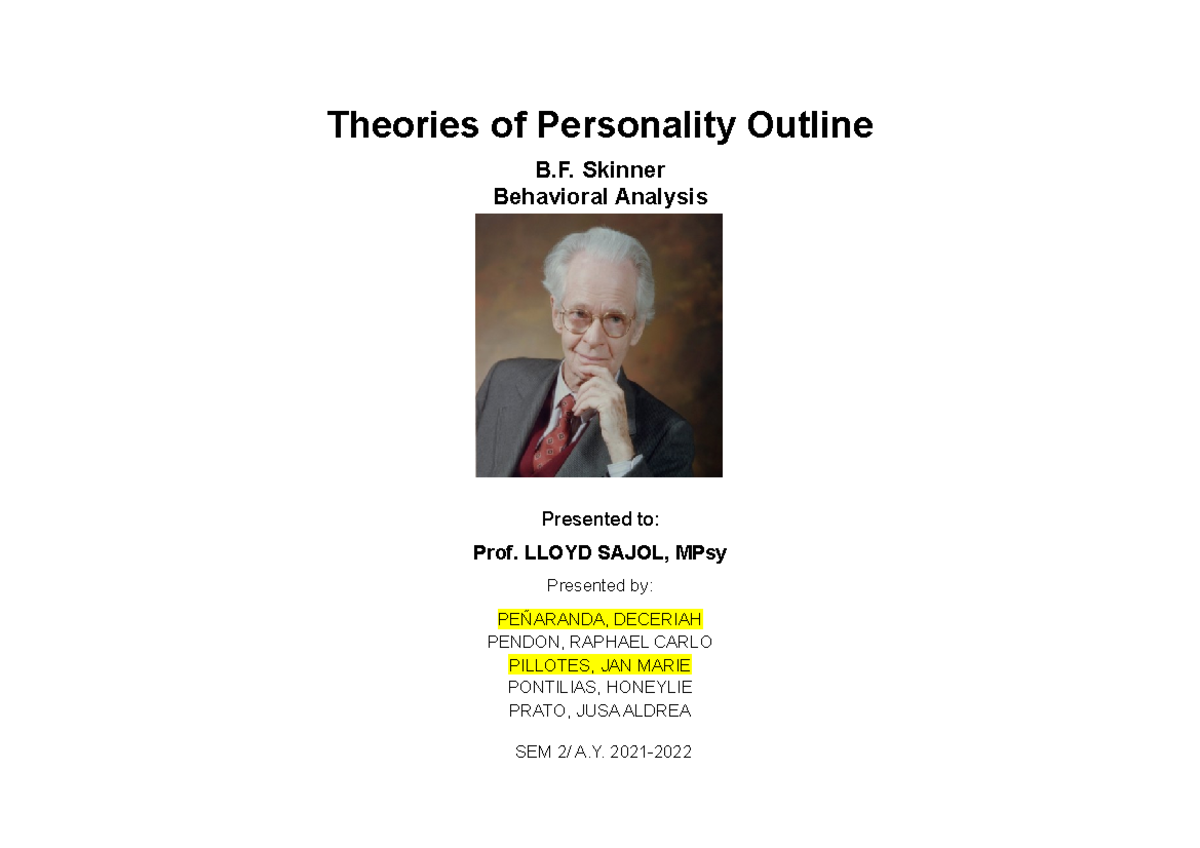 Skinner Theory of Personality Outline Theories of Personality