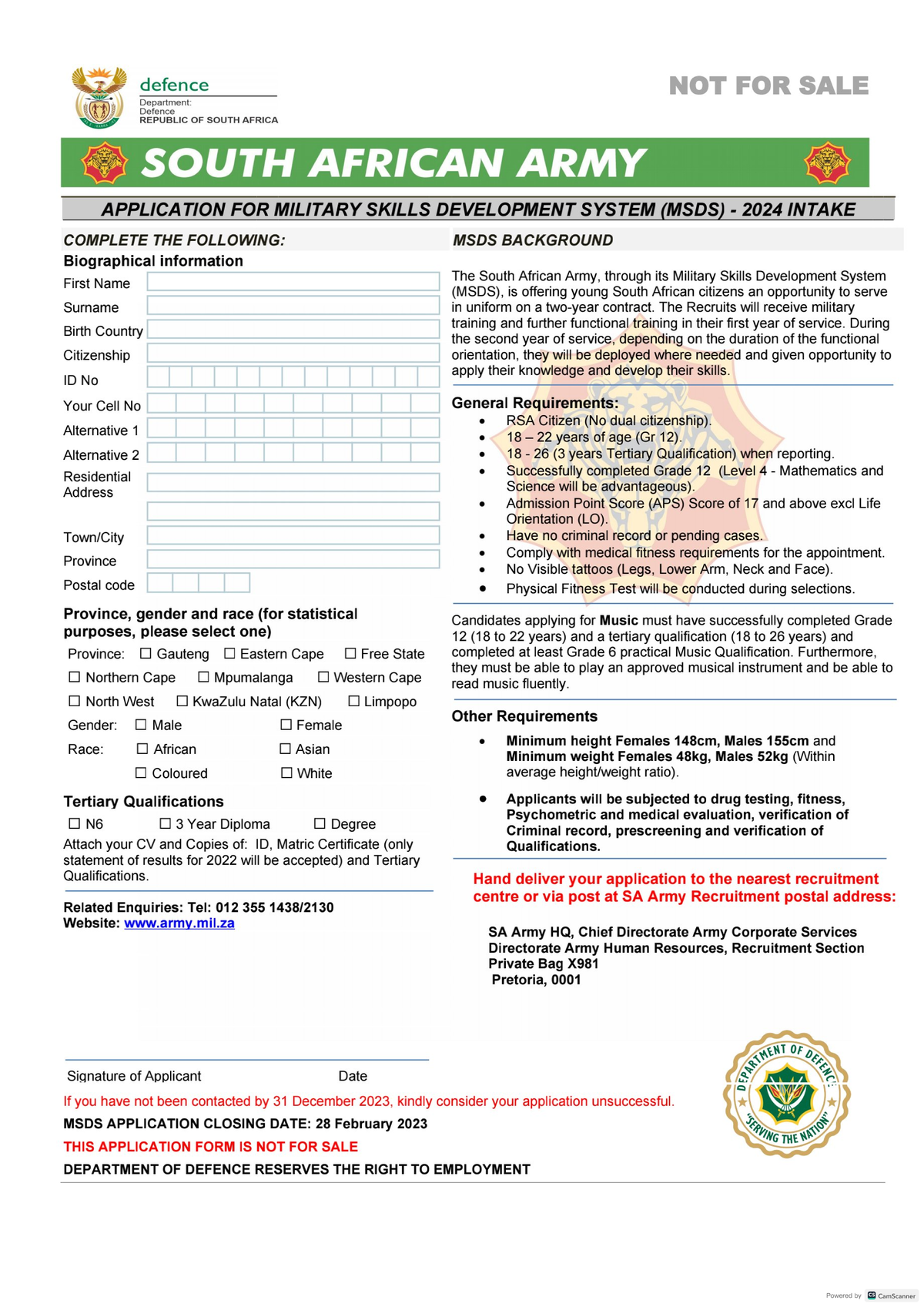 SA Army MSDS Application 2023-1 - PLC1502 - Studocu