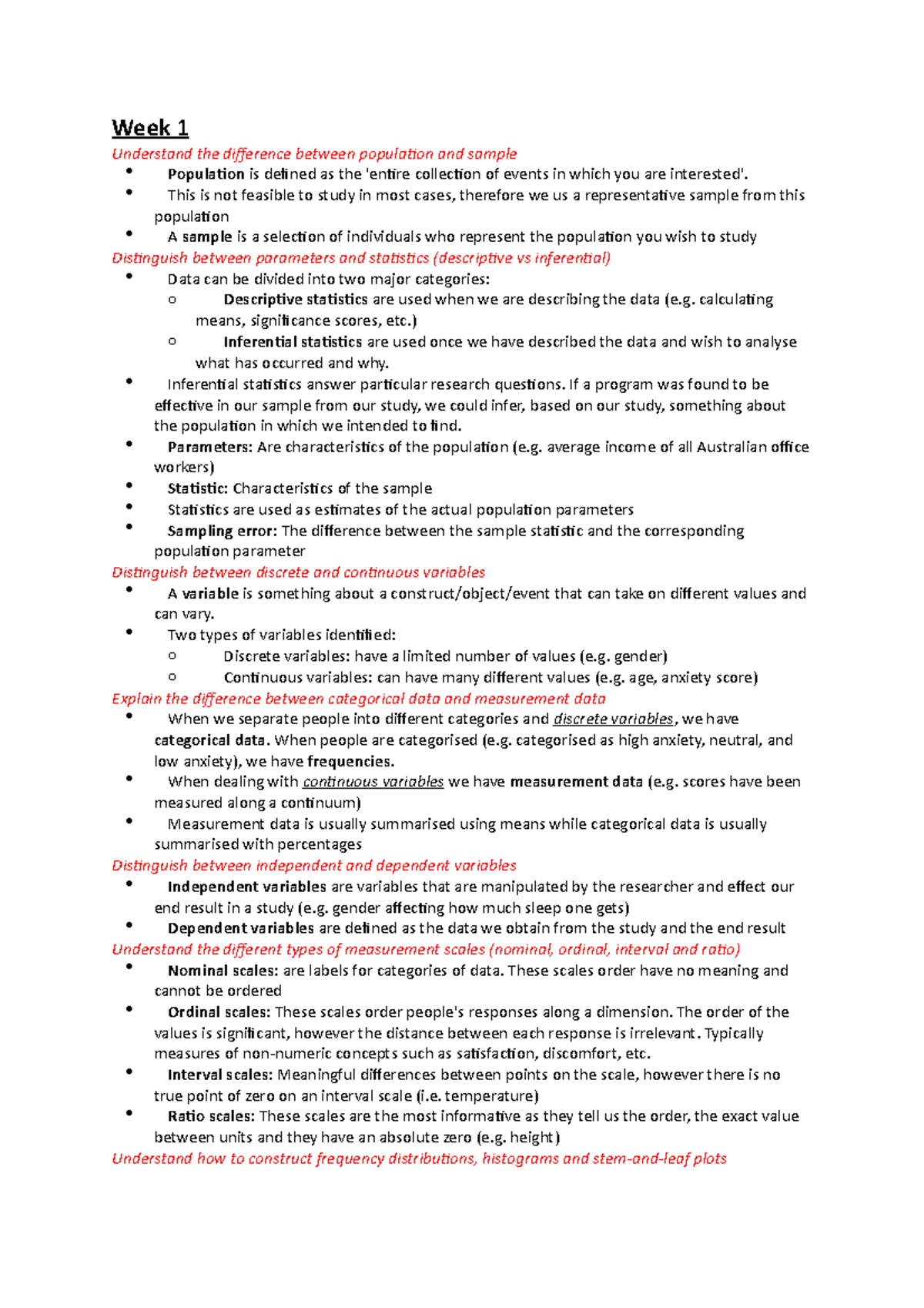 Week 1 Notes - Week 1 Understand the difference between population and ...
