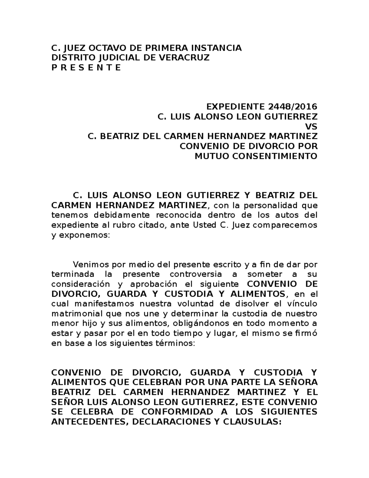 Convenio De Divorcio Apuntes C Juez Octavo De Primera Instancia