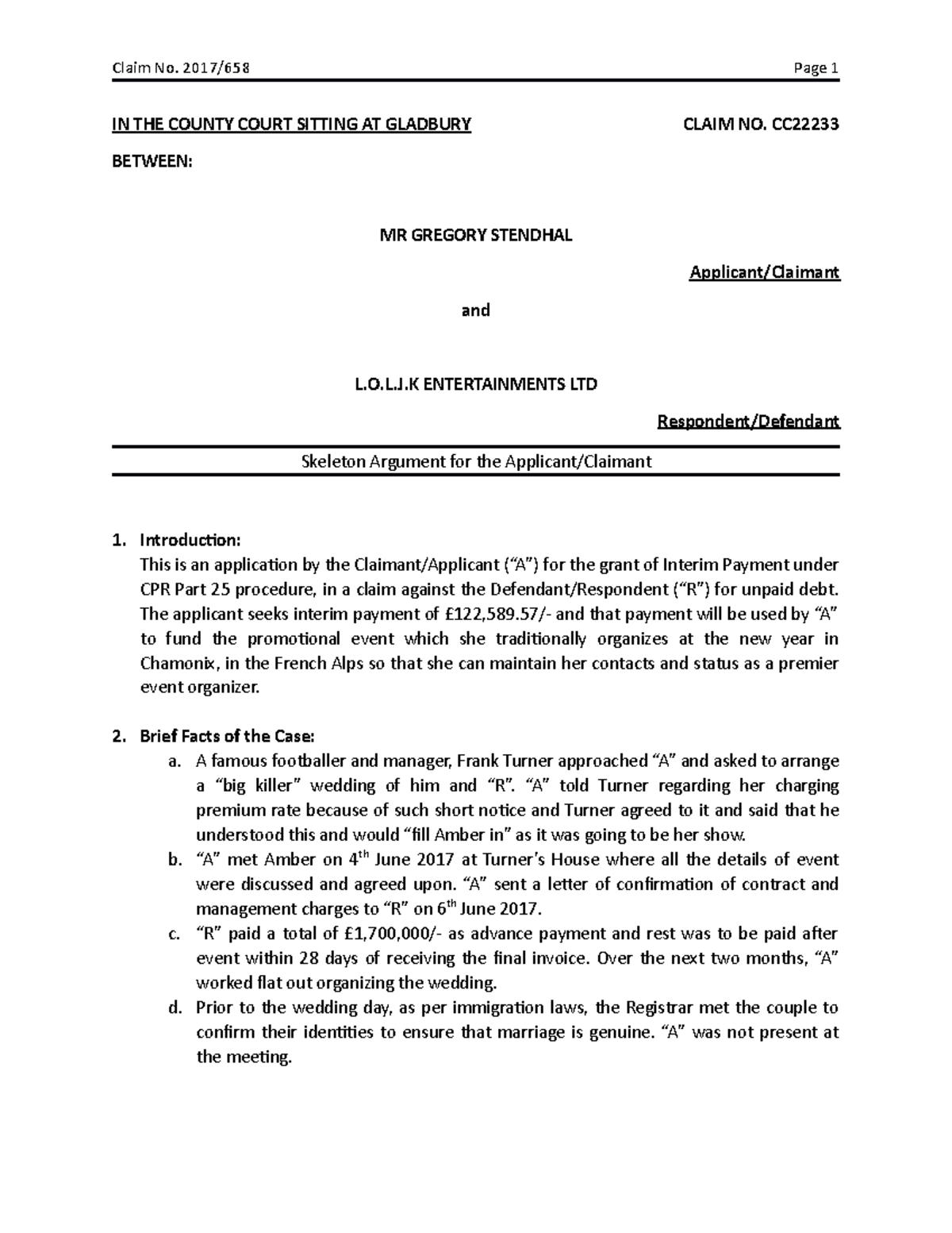 Skeleton Argument Formative Assessment mobeen - IN THE COUNTY COURT ...