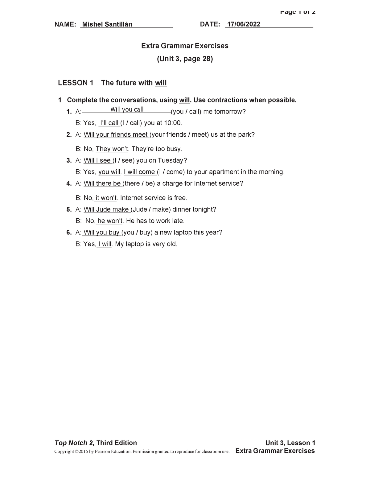 Unit 03 Pag 28 Extra Grammar Exercises Lesson 1 Top Notch 2 - Page 1 Of ...