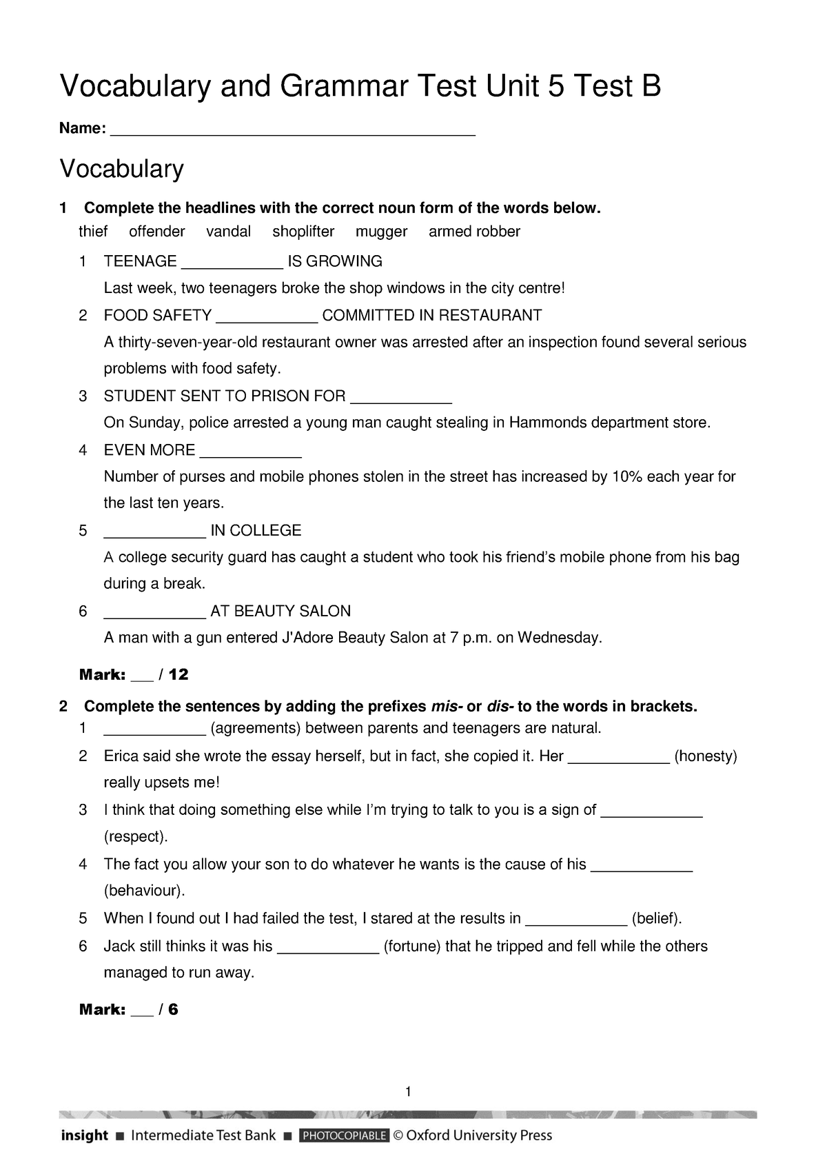 Vocabulary + Grammar Unit 5 Test B - 1 Vocabulary And Grammar Test Unit ...