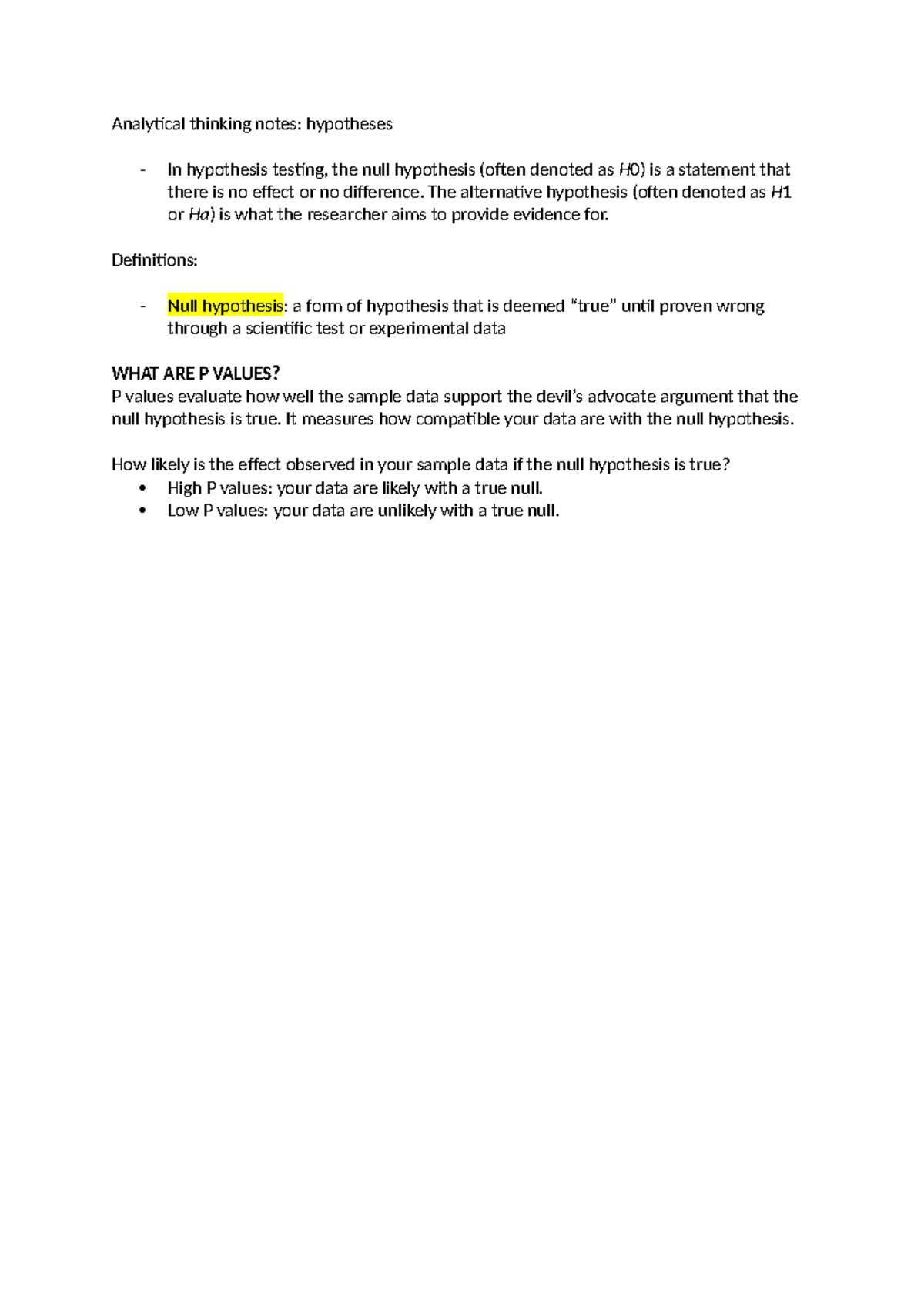 Analytical thinking notes - The alternative hypothesis (often denoted ...
