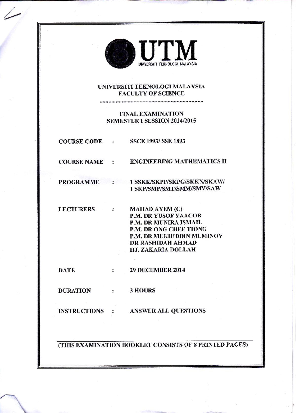 ENGINEERING MATHEMATICS II SESSION 2014/2015 SEMESTER 1 - wHm UNI ...