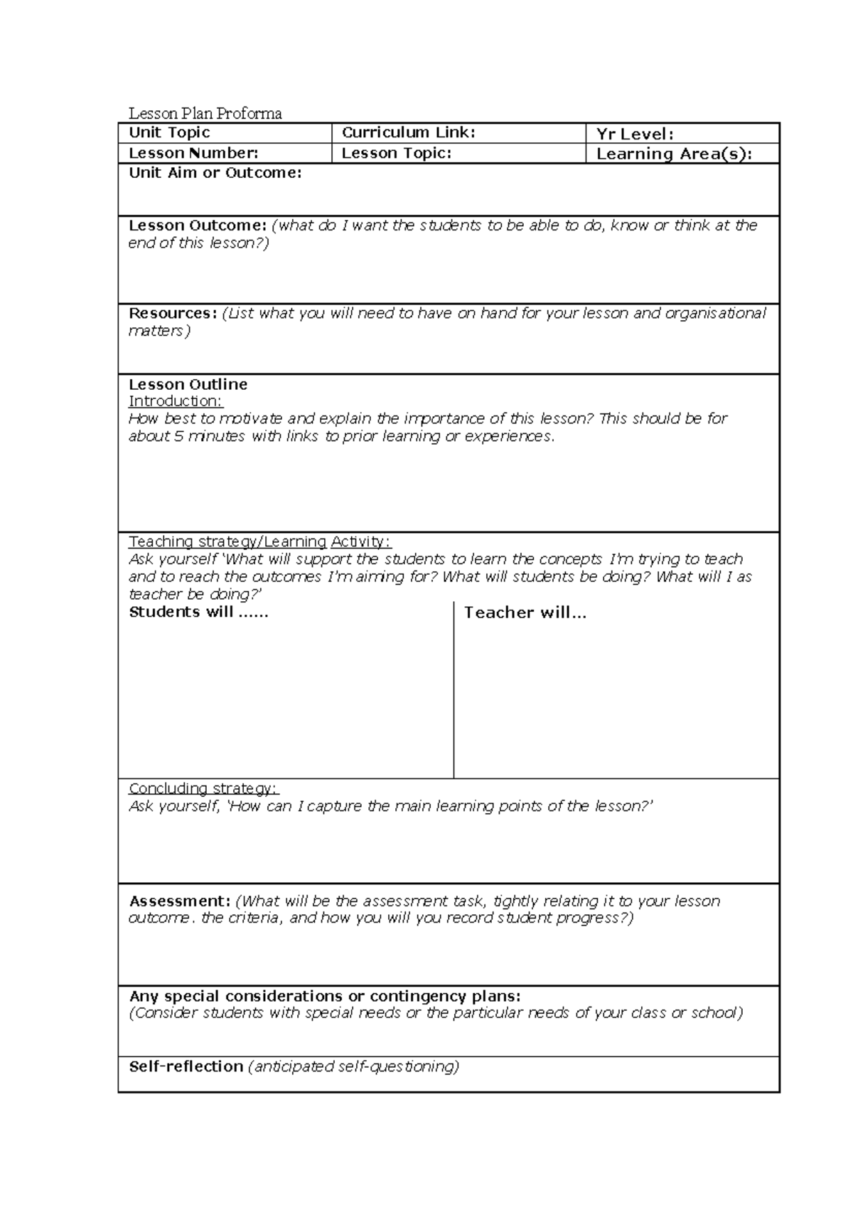 Lesson plan 1 - Lesson Plan Proforma Unit Topic Curriculum Link: Yr ...