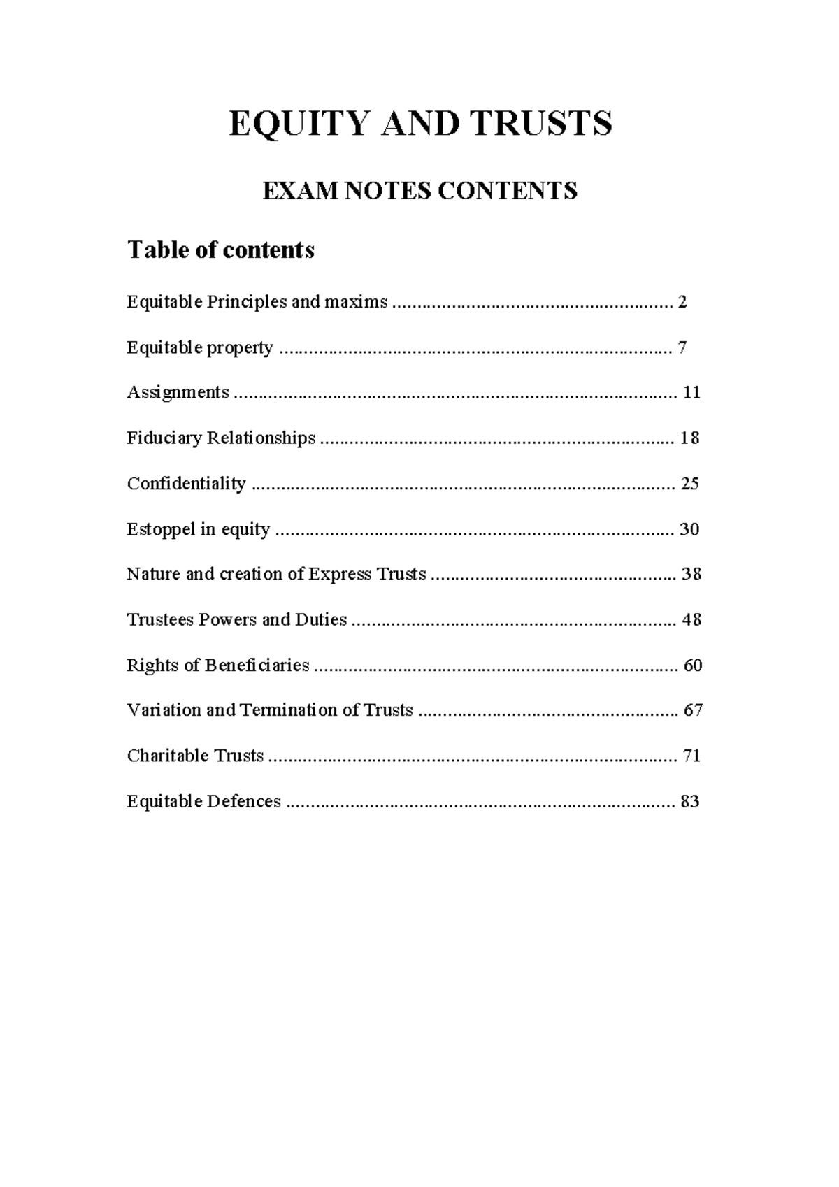 Equity AND Trusts Notes - EQUITY AND TRUSTS EXAM NOTES CONTENTS ...