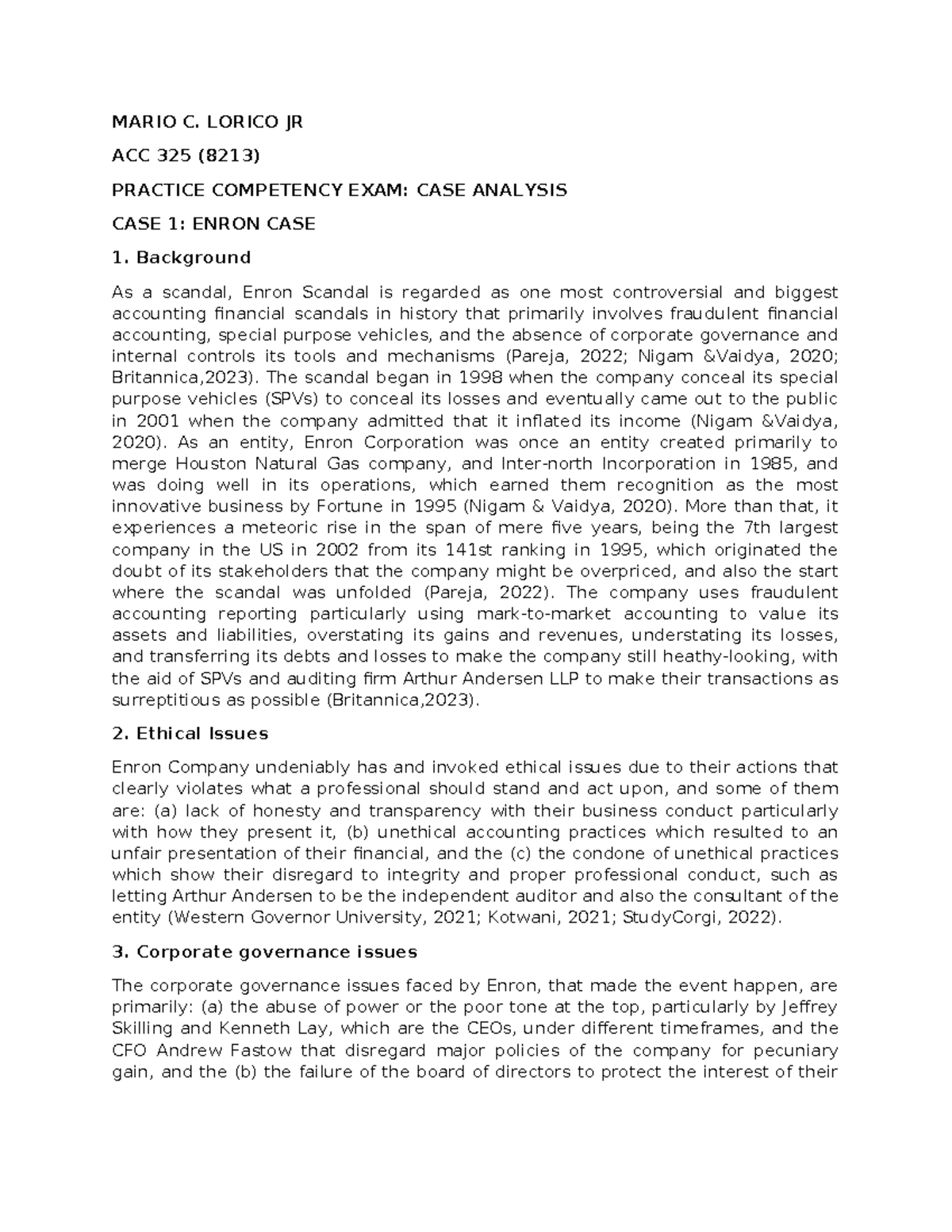 Practice Competency EXAM Governance - MARIO C. LORICO JR ACC 325 (8213 ...