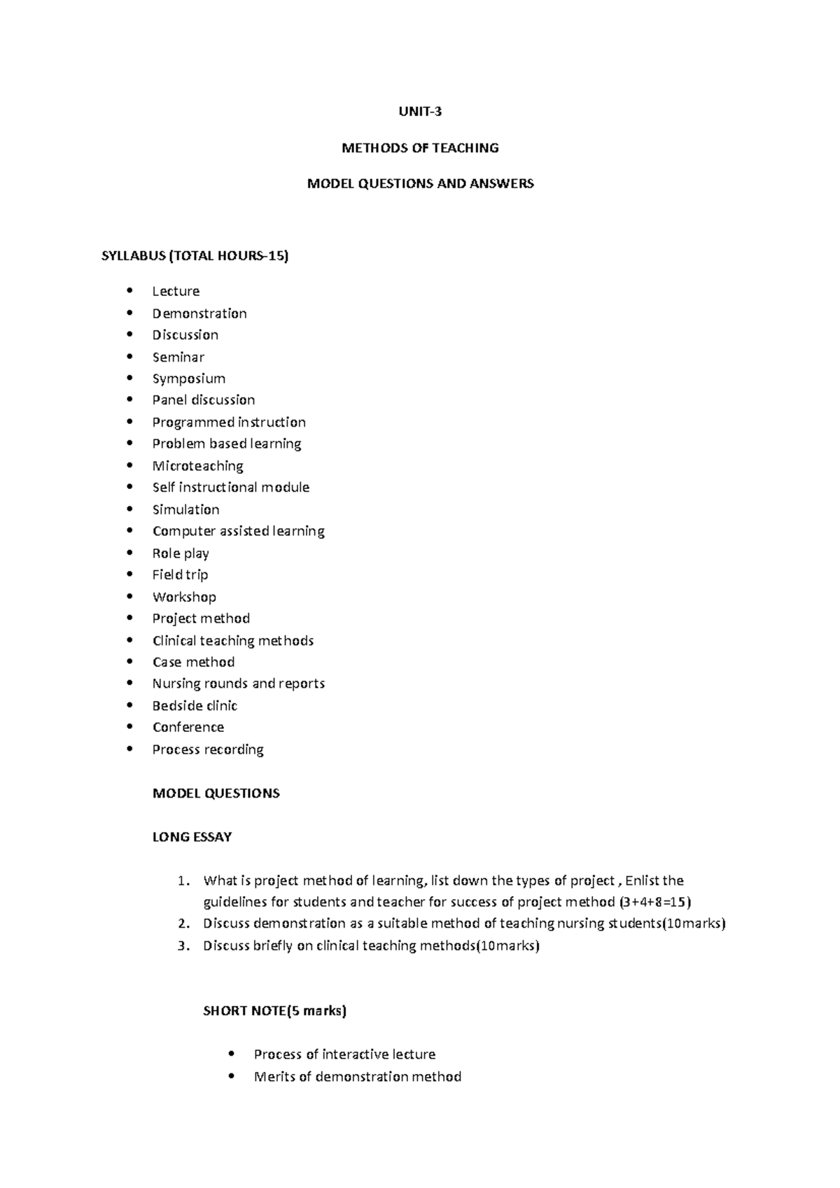 UNIT 3 Methods OF Teaching - UNIT- METHODS OF TEACHING MODEL QUESTIONS ...