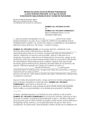 Escrito Inicial De Medios Preparatoria A Juicio Ordinario Mercantil Solicitud De Declaracion Del Demandado Copia Studocu