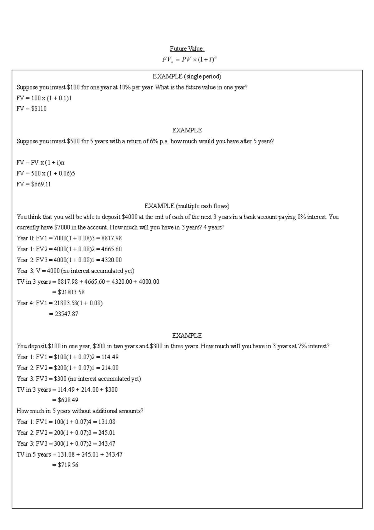 Formula Sheet FIN111 - Notes - Future Value: EXAMPLE (single period ...