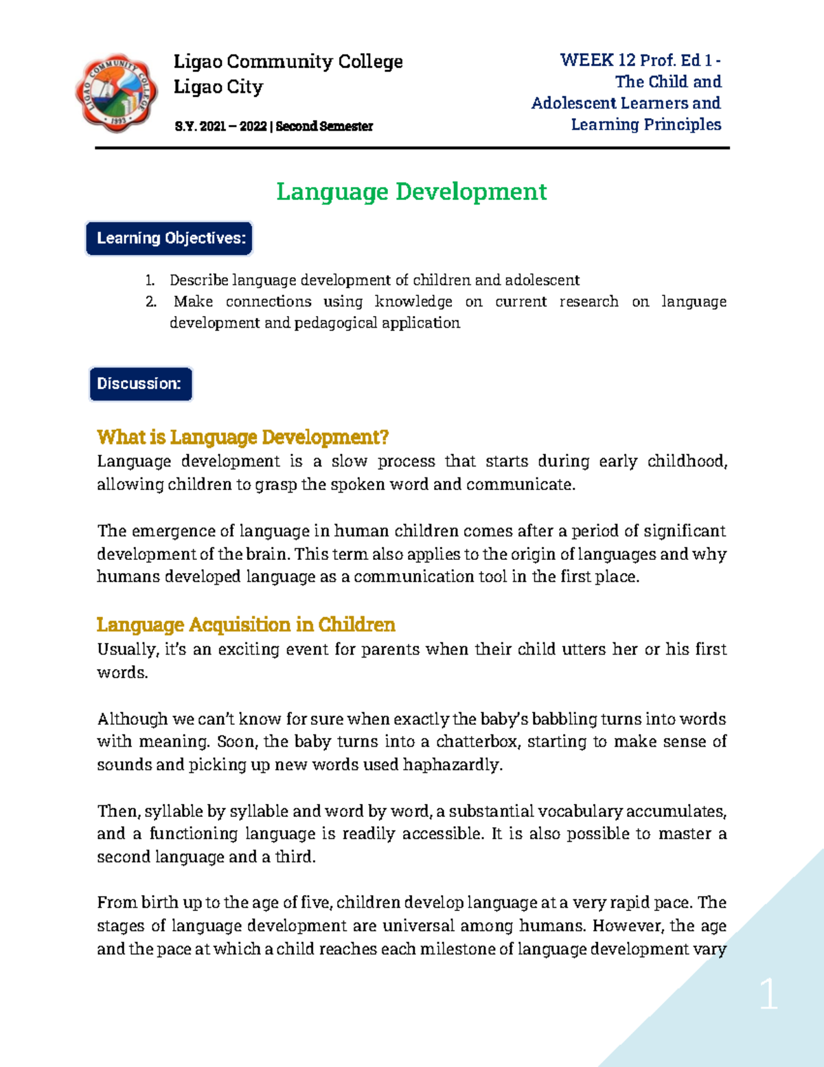 Week 12 - Language Development - Ligao Community College Ligao City S ...