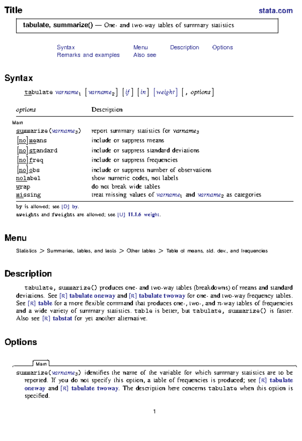 Rtabulatesummarize - Title stata tabulate, summarize() and tables of ...