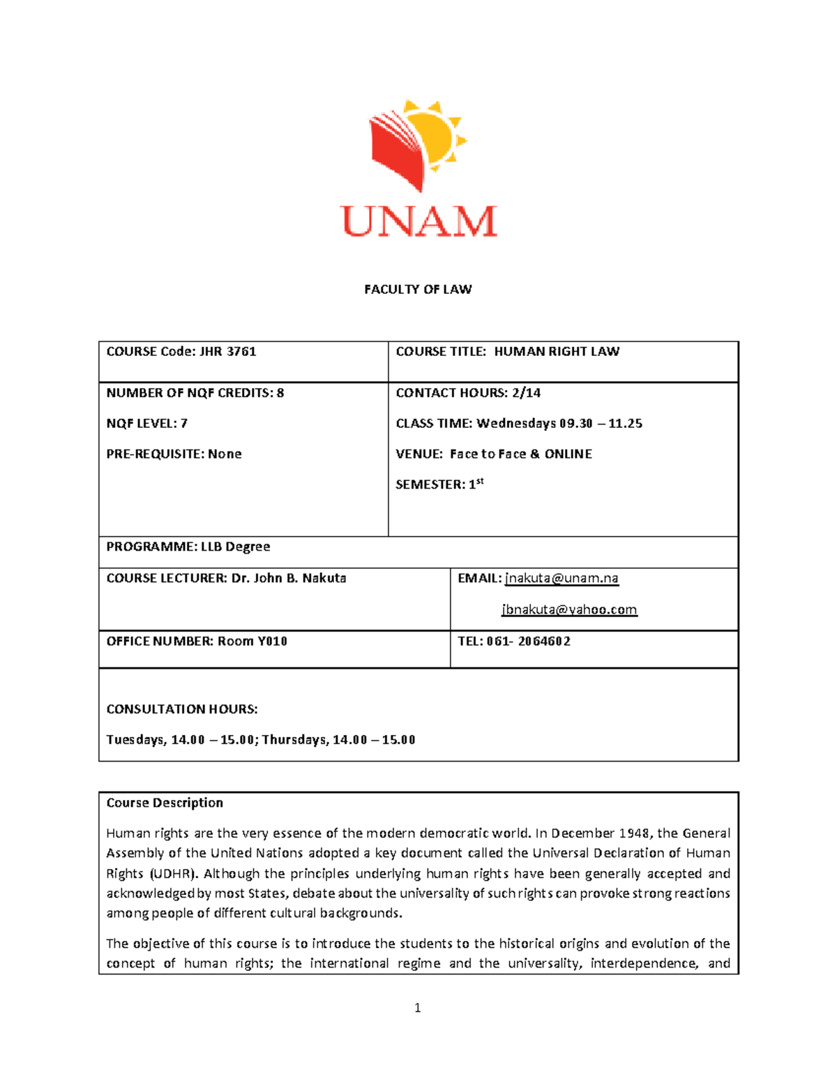HRL Course Outline 2024, Old Curriculum - FACULTY OF LAW COURSE Code ...