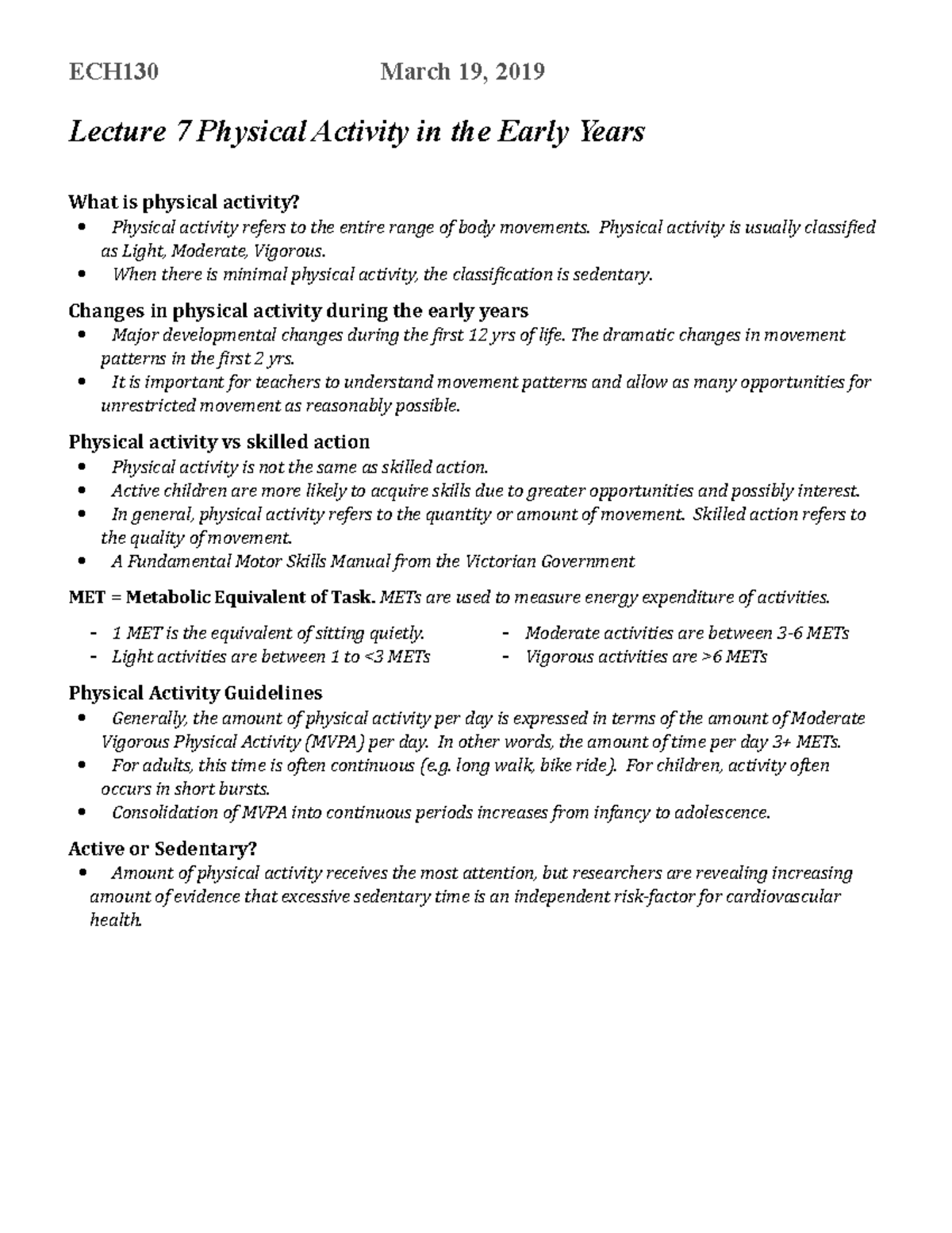 Lecture 7 Physical Activity in the Early Years - ECH130 March 19, 2019 ...