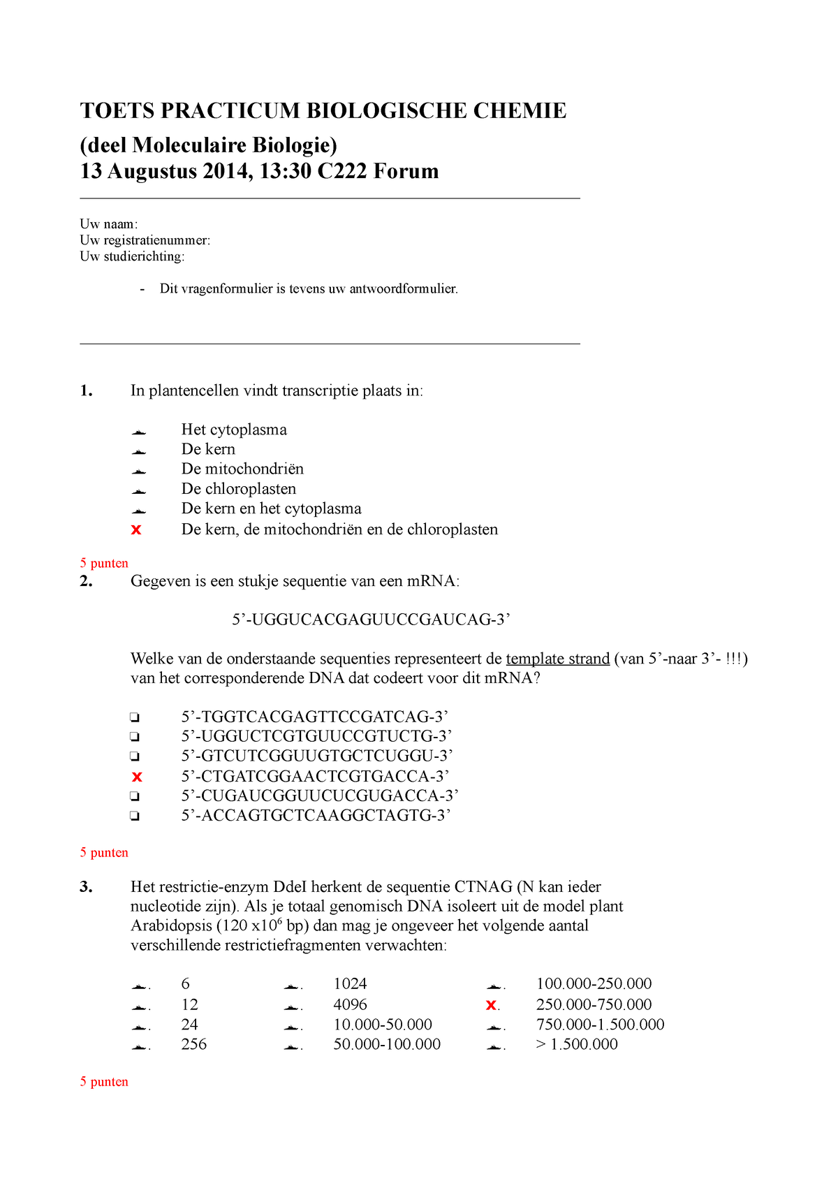 Proefexamen Met Antwoorden Toets Practicum Biologische Chemie Deel