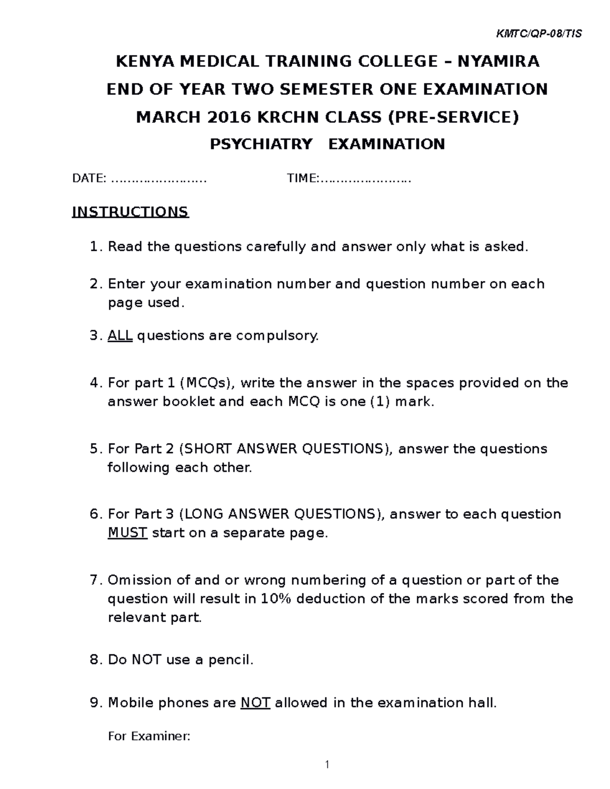 Psychiatry 5 For practice examinations and lecture notes KENYA