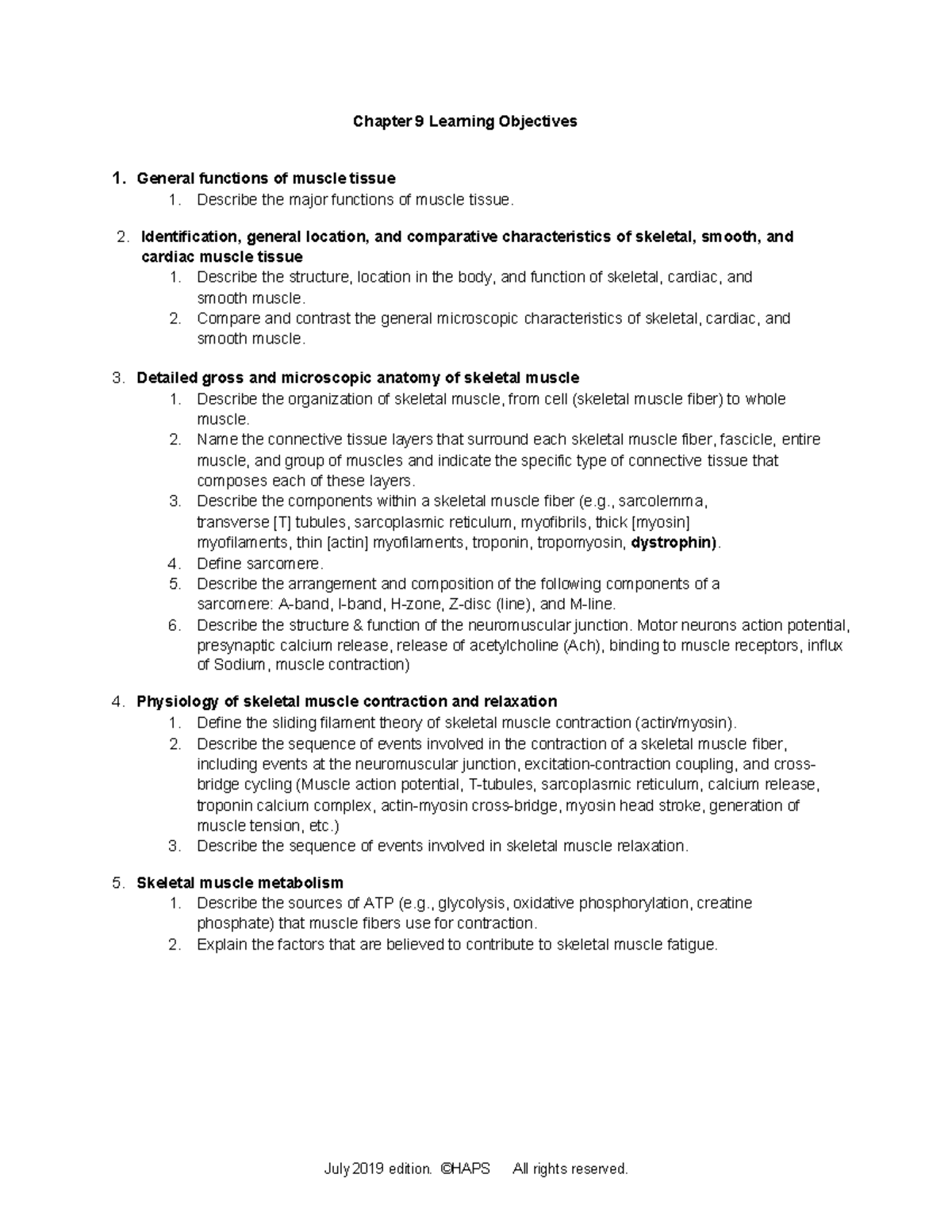 Chapter 9 Learning Objectives - July 2019 edition. ©HAPS (modified All ...