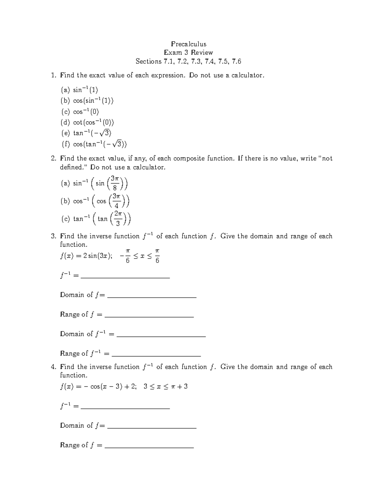 Exam 3 Review Precalc - Precalculus Exam 3 Review Sections 7, 7, 7, 7