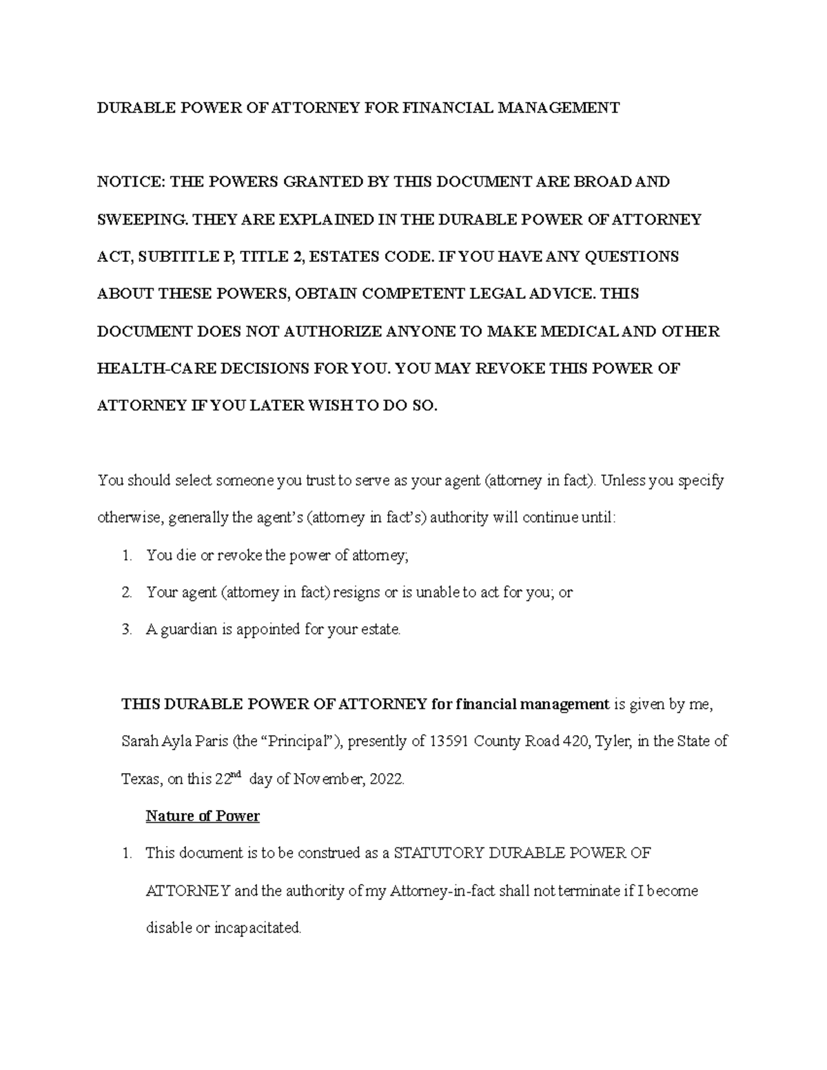 Power of Attorney DURABLE POWER OF ATTORNEY FOR FINANCIAL MANAGEMENT