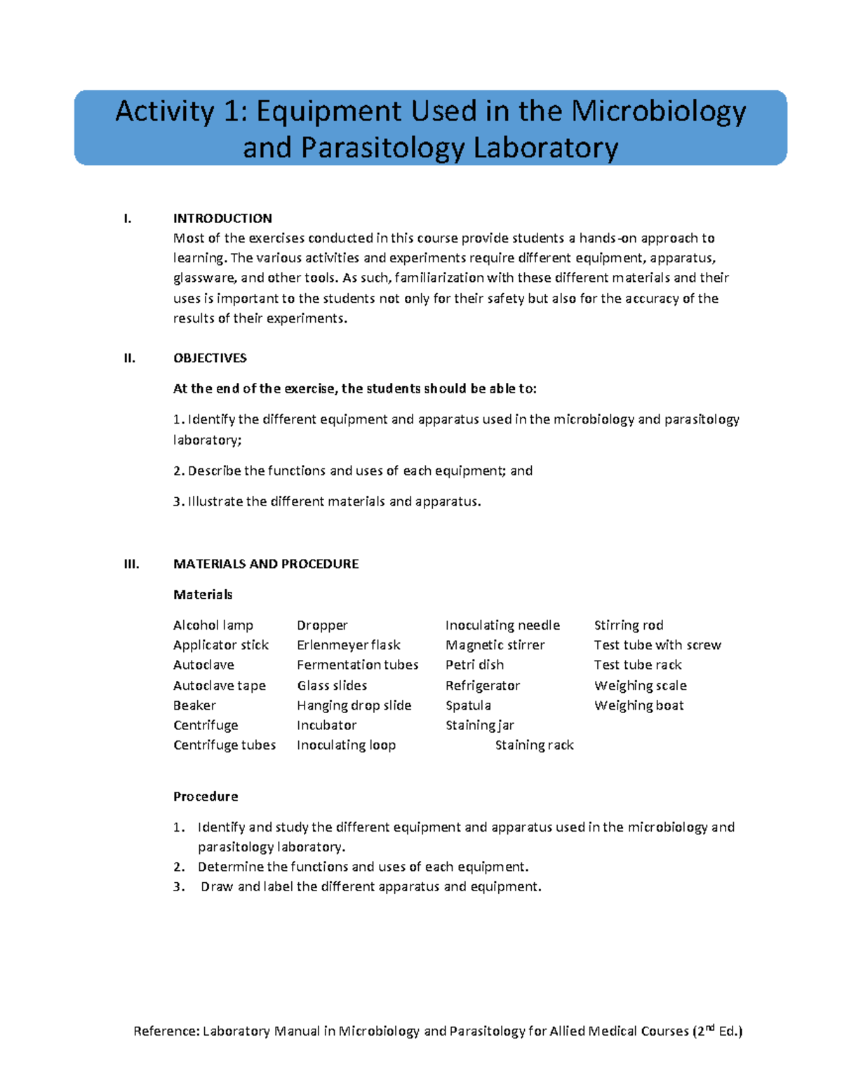 Micropara Lab Activity 1 - I. INTRODUCTION Most of the exercises ...