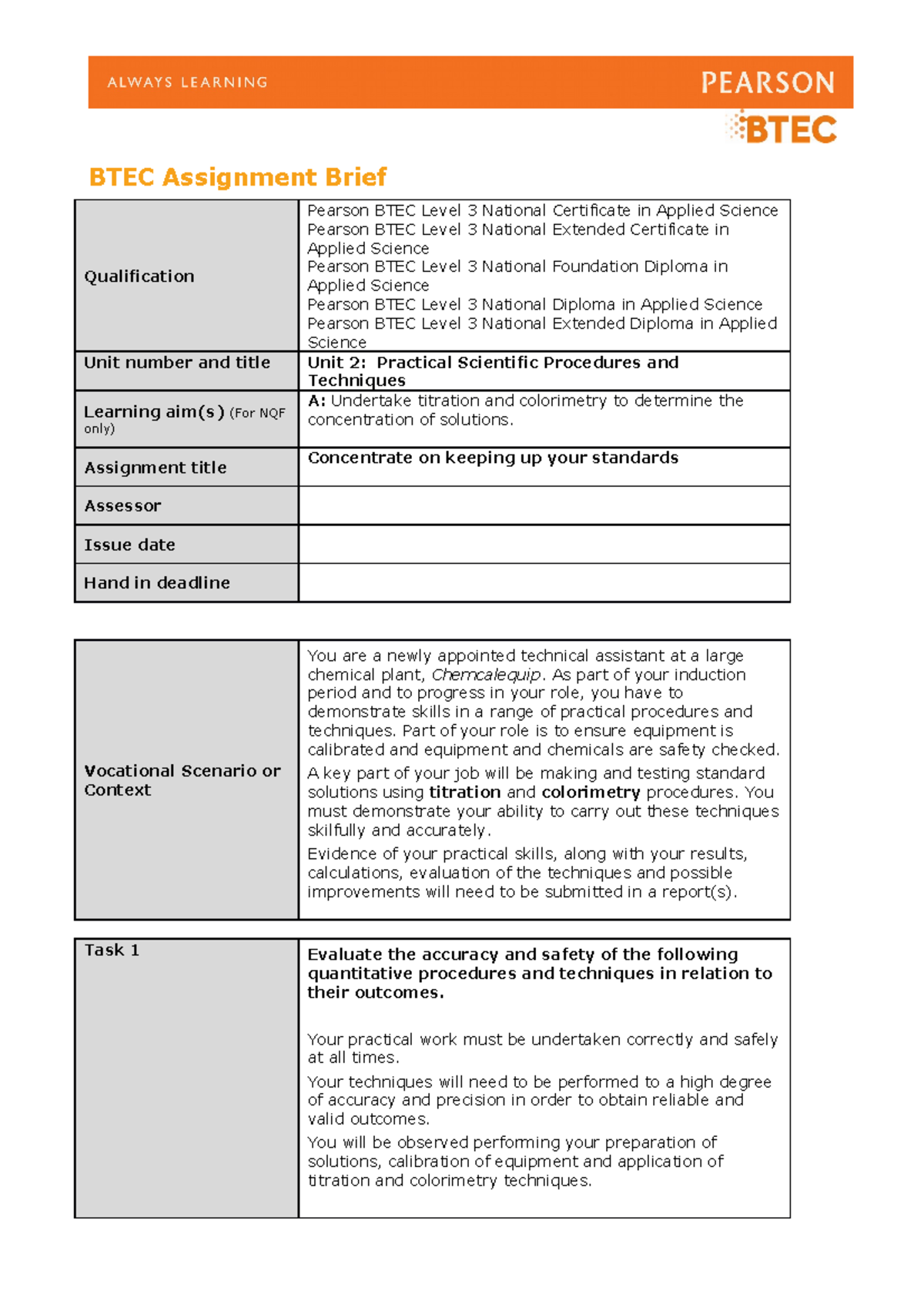 Unit 2 Authorised Assignment Brief For Learning Aim A ) - BTEC ...