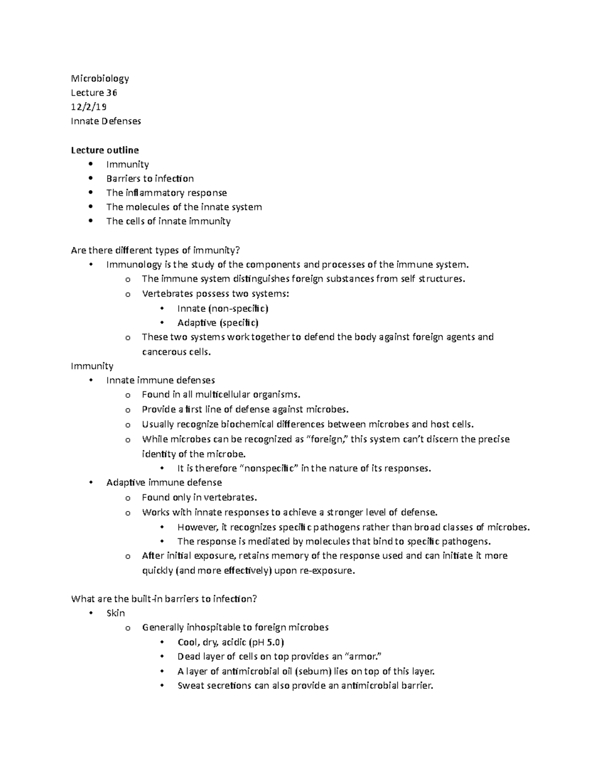 Unit 4 - Innate Defenses - Microbiology Lecture 36 12/2/ Innate ...