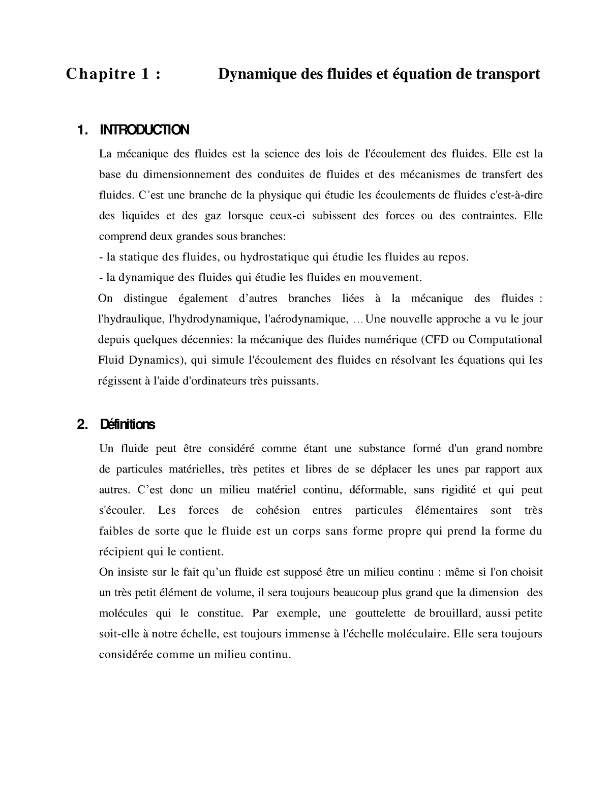 Cour 1 Cours C Hapitre 1 Dynamique Des Fluides Et équation De