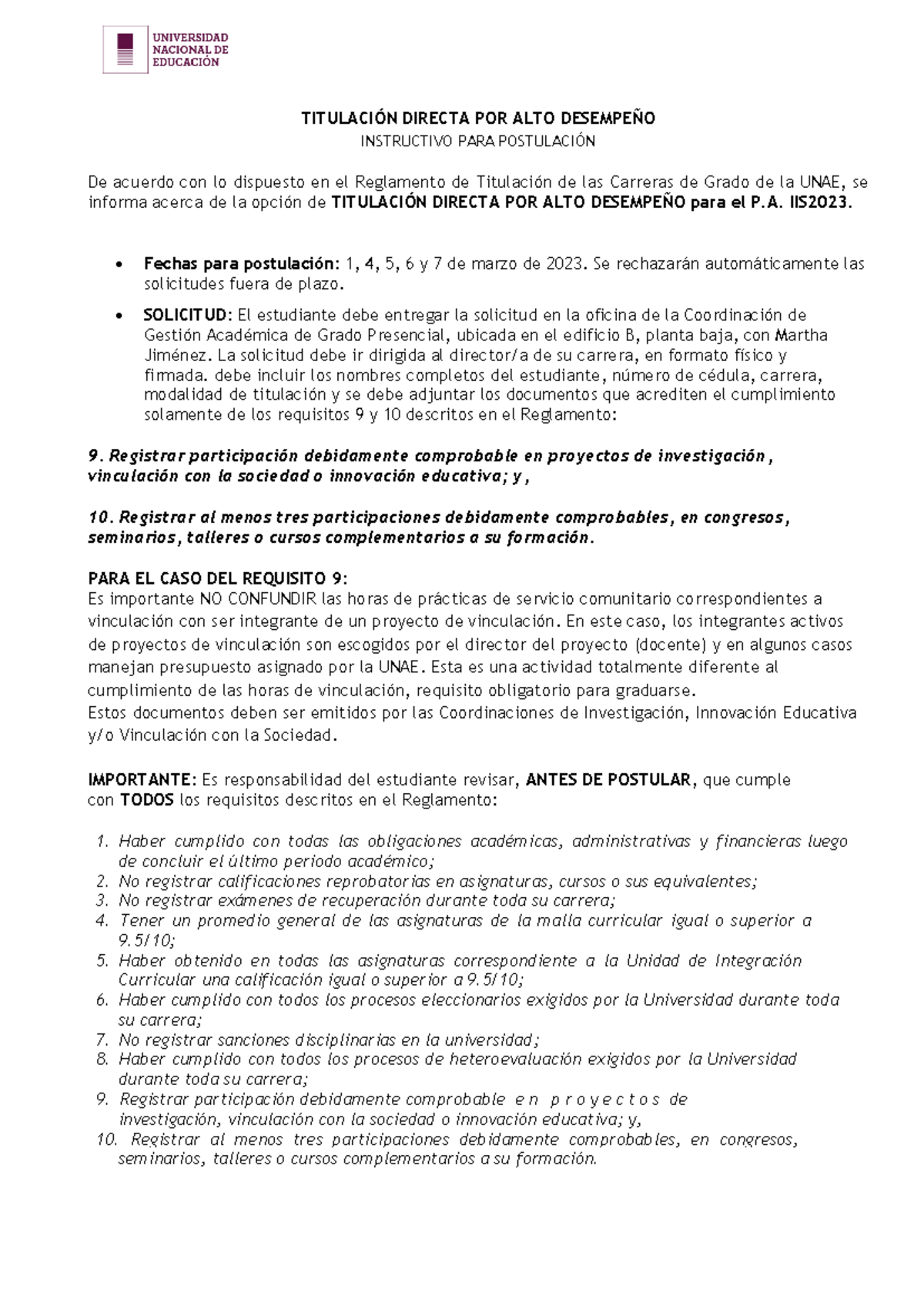 Requisitos TDAD IIS2023 - TITULACIÓN DIRECTA POR ALTO DESEMPEÑO ...
