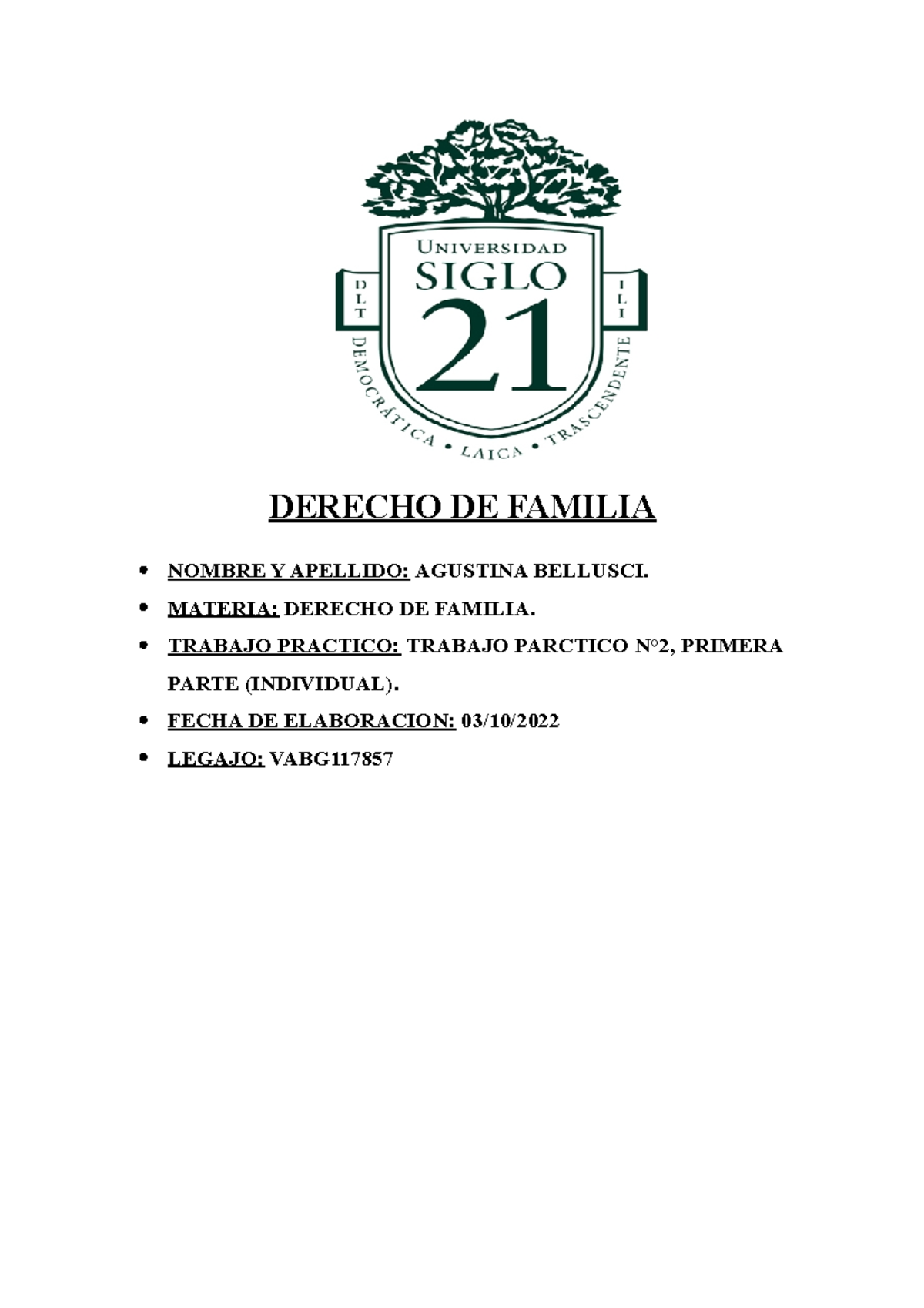 Tp 2 Derecho De Familia 1ra Parte - DERECHO DE FAMILIA NOMBRE Y ...