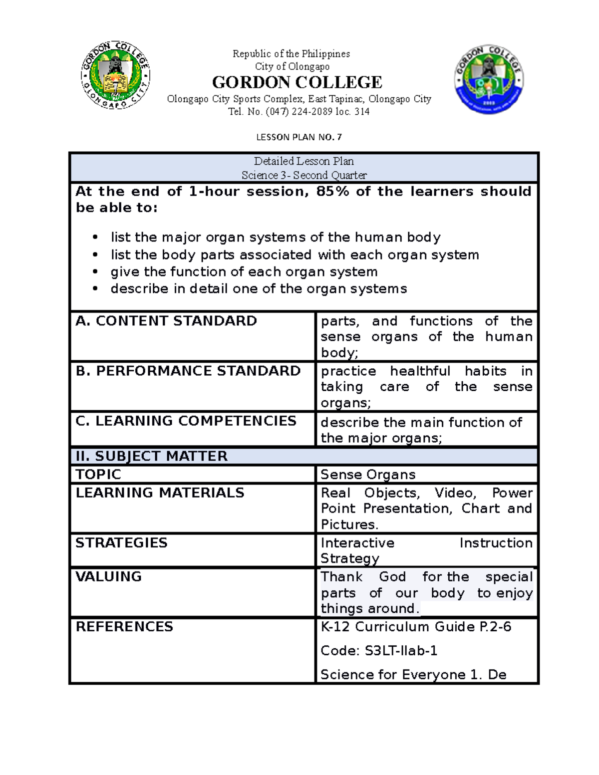 Lesson Plan 7. IROY AND DE3LA CRUZ - City of Olongapo GORDON COLLEGE ...