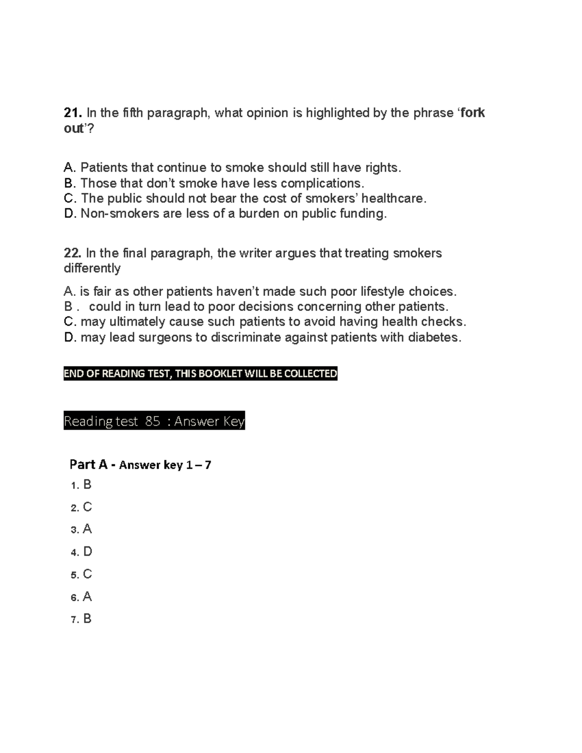 Full Reading Test ABC-14 (7) - Answer Key - 21. In the fifth paragraph ...