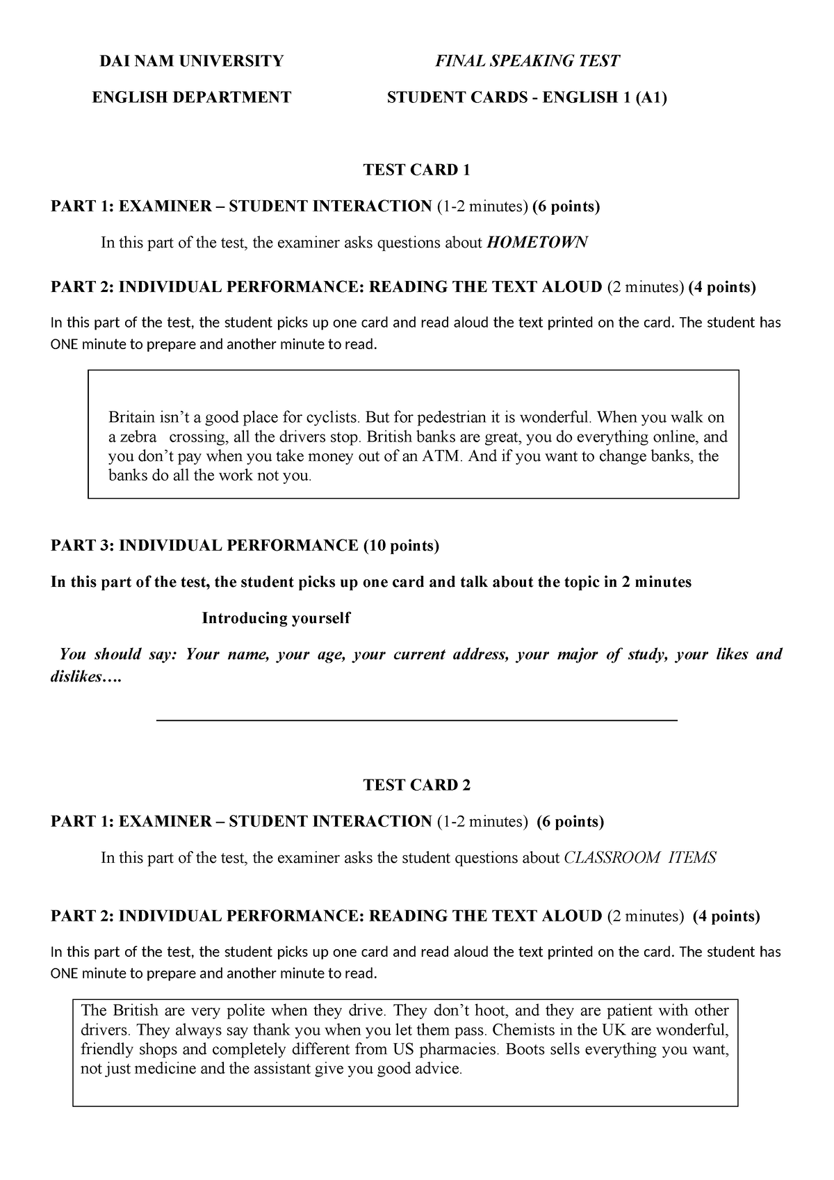 Speaking Cards FOR Students - 4 credits (kì 2 2022-2023) - DAI NAM ...