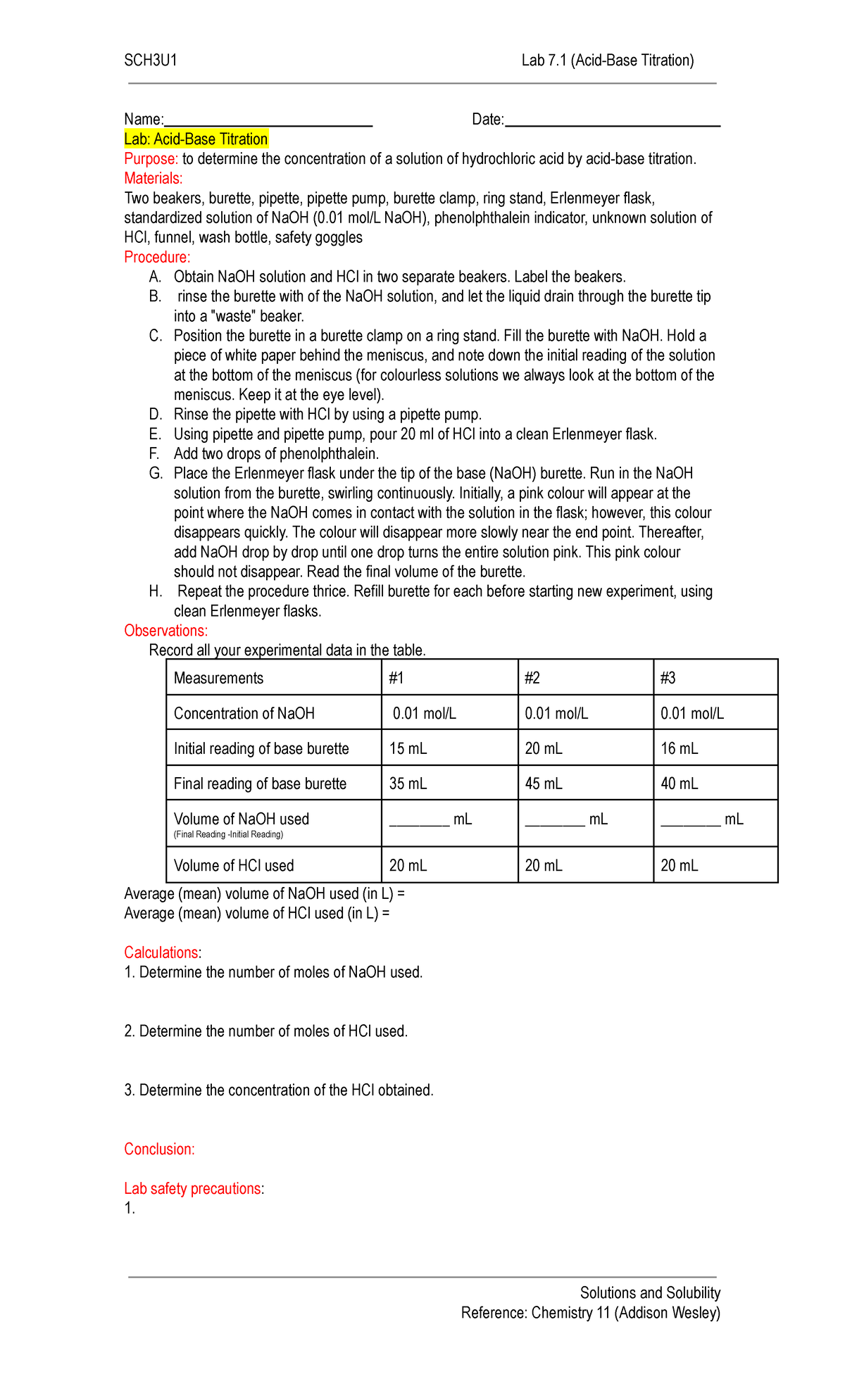 Lab 7.1 (AcidBase Titration) chemistry lab SCH3U1 Lab 7 (AcidBase