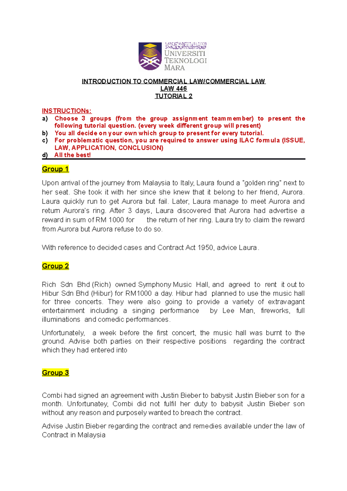 Law 446 Tutor 2 Contract Business Law Law 166 Uitm Studocu