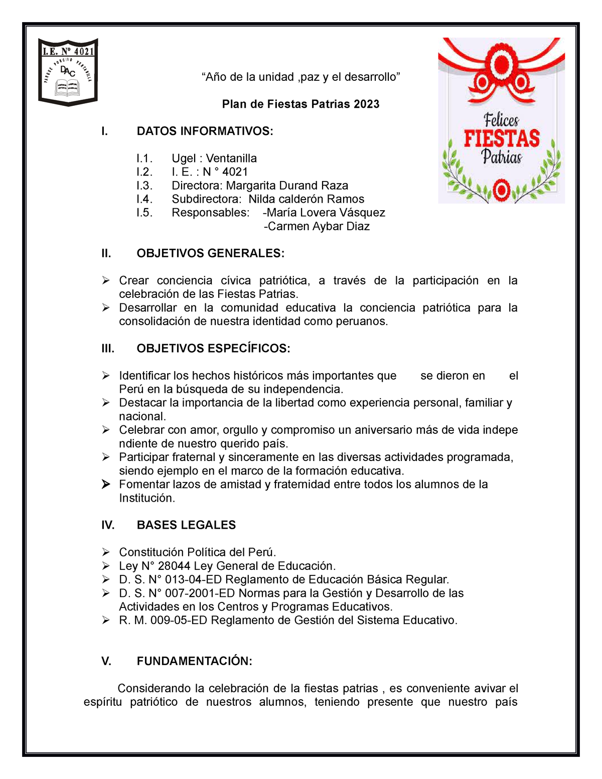 PLAN Fiestas Patrias “Año de la unidad ,paz y el desarrollo” Plan de