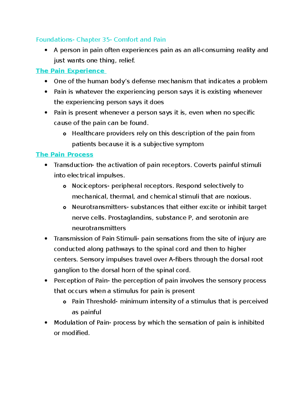 Foundations- Chapter 35- Comfort and Pain - The Pain Experience One of ...