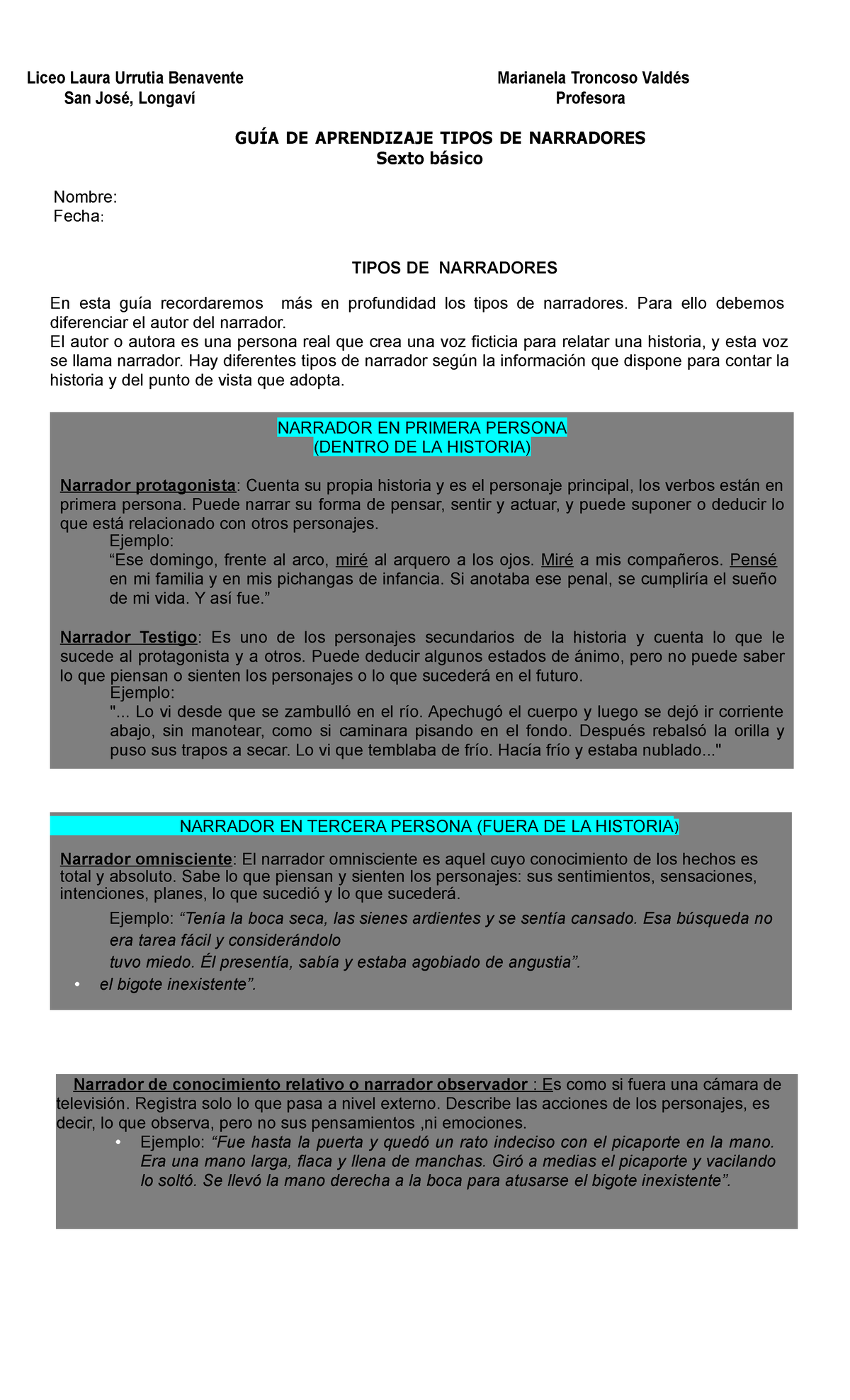 Guia De Repaso Tipos De Narradores Sexto Basico - Liceo Laura Urrutia ...