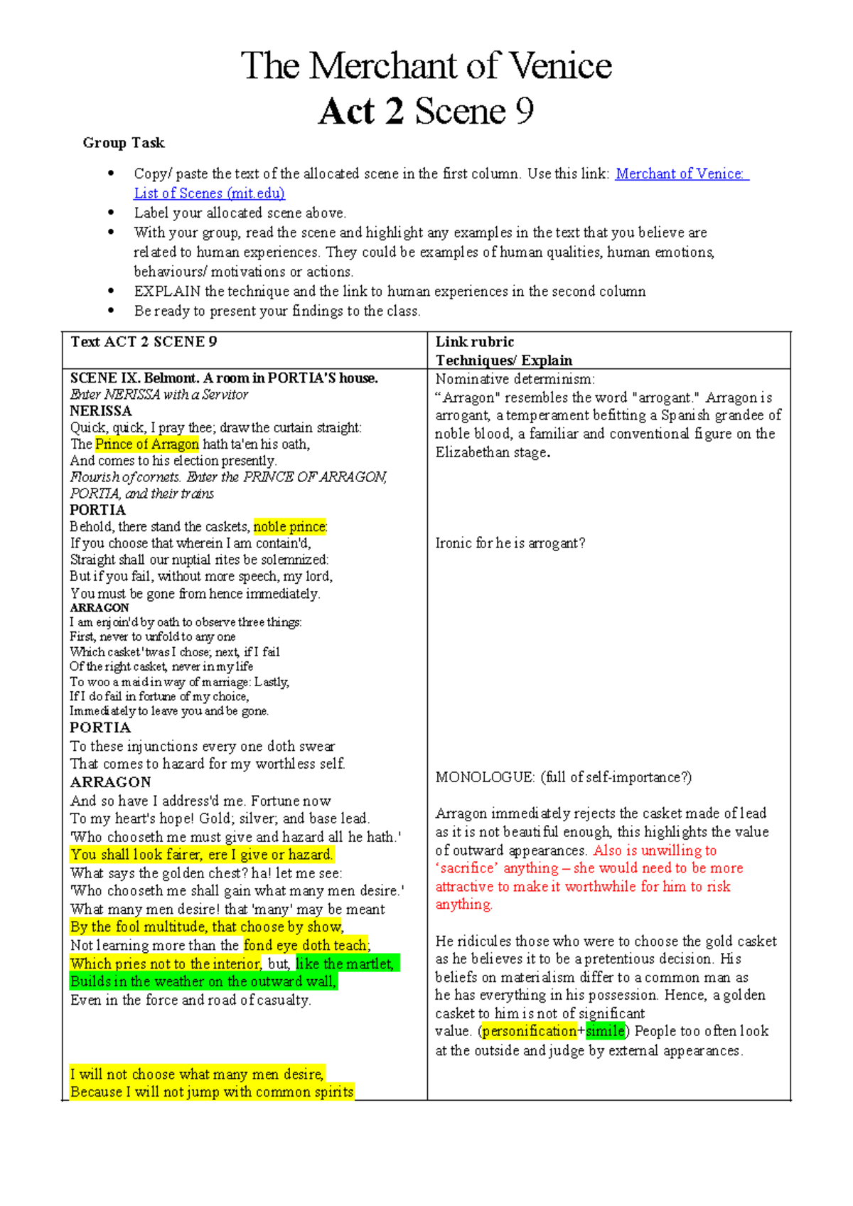 Act 2 Scene 9 - merchant of venice act 2 guide - The Merchant of Venice ...