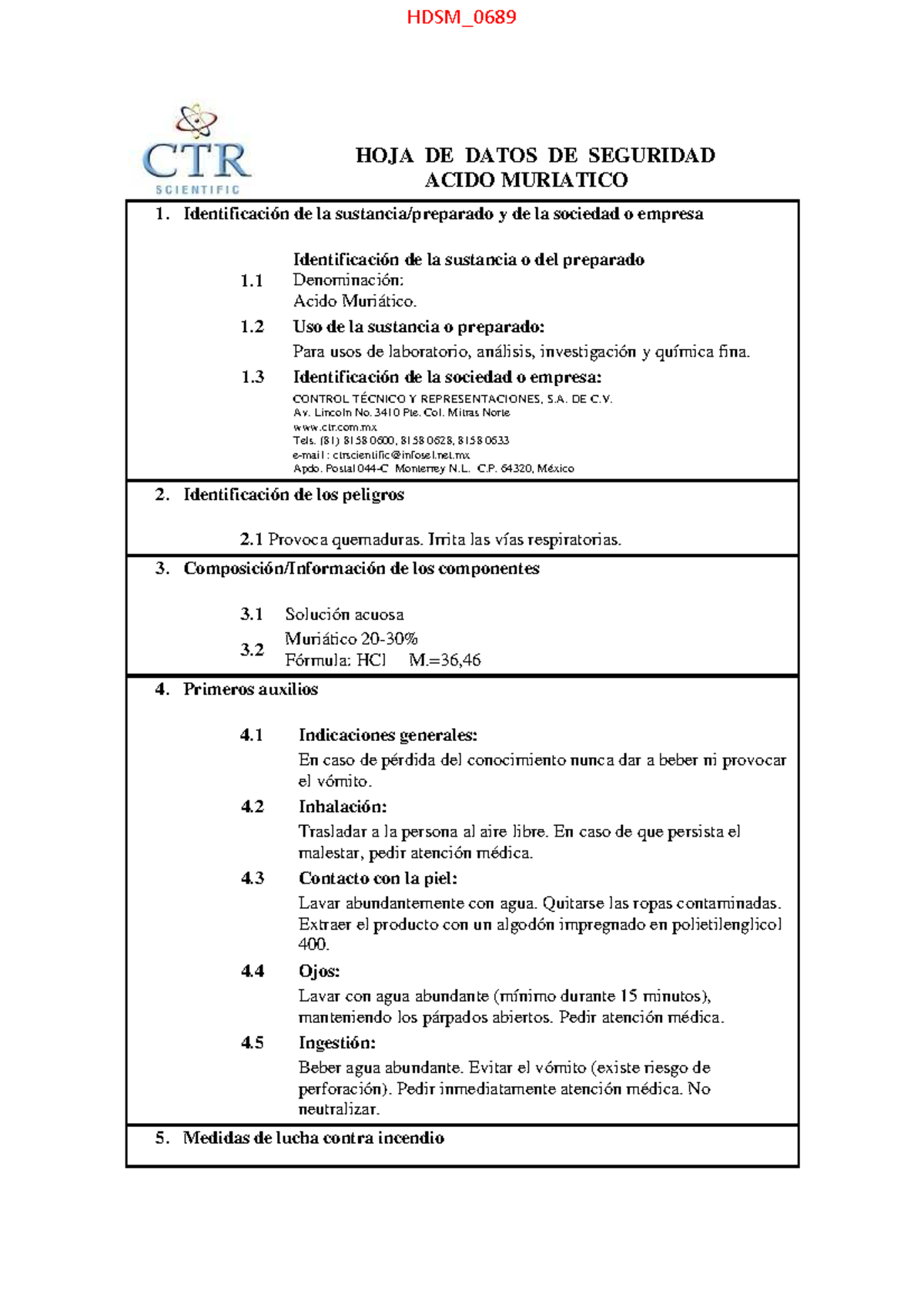 HDSM 0689 Acido Muriatico-N - HOJA DE DATOS DE SEGURIDAD ACIDO ...