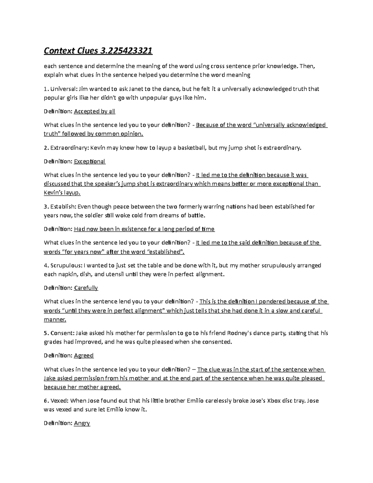 Science Grade 11 - Answer on Assignment - Context Clues 3. each sentence and determine the ...