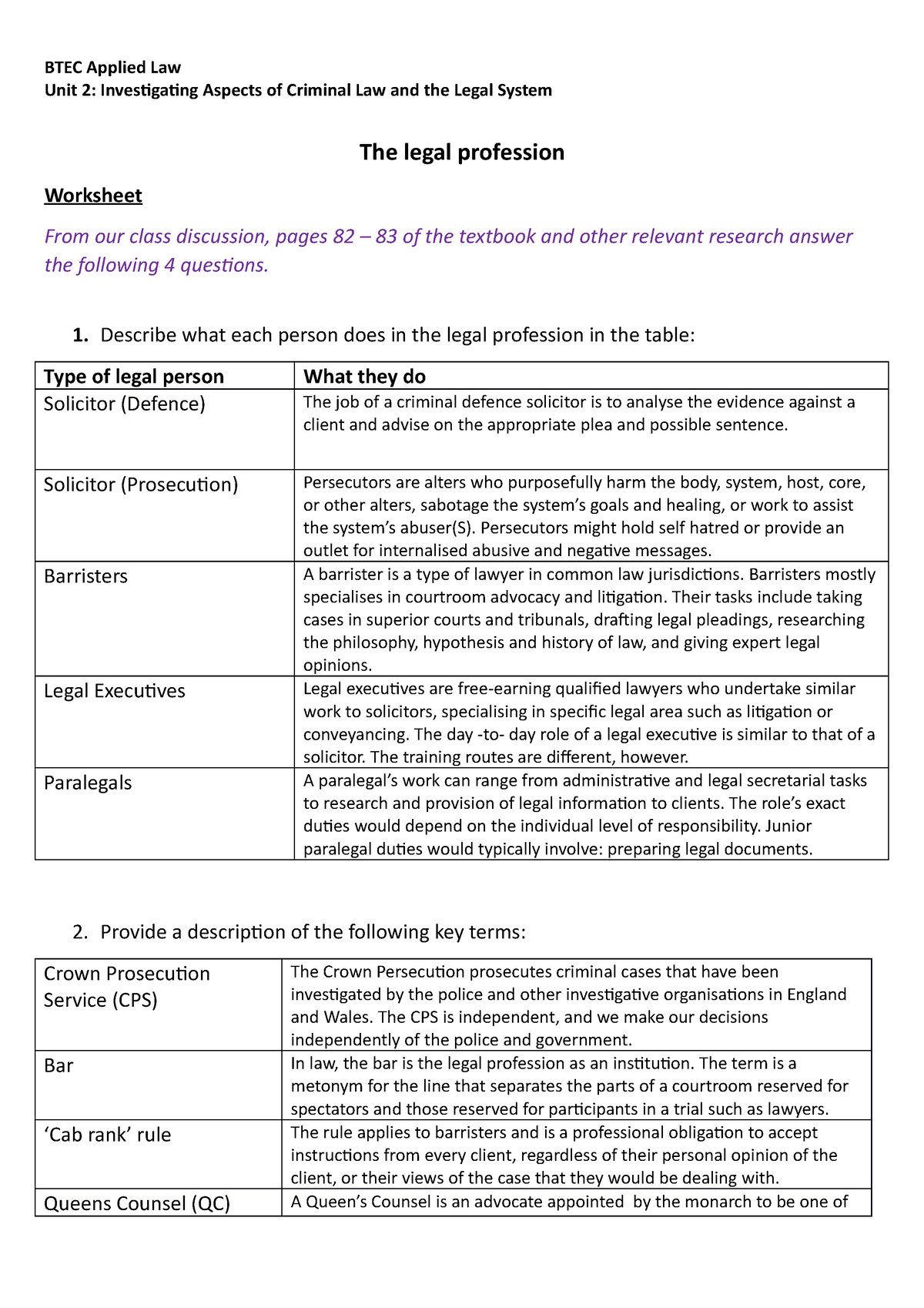 2. Activity - No Comment - BTEC Applied Law Unit 2: Investigating ...