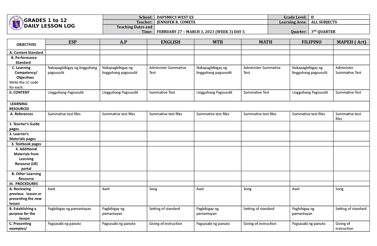 DLL ALL Subjects 2 Q3 W3 D5 - education - UCU - Studocu