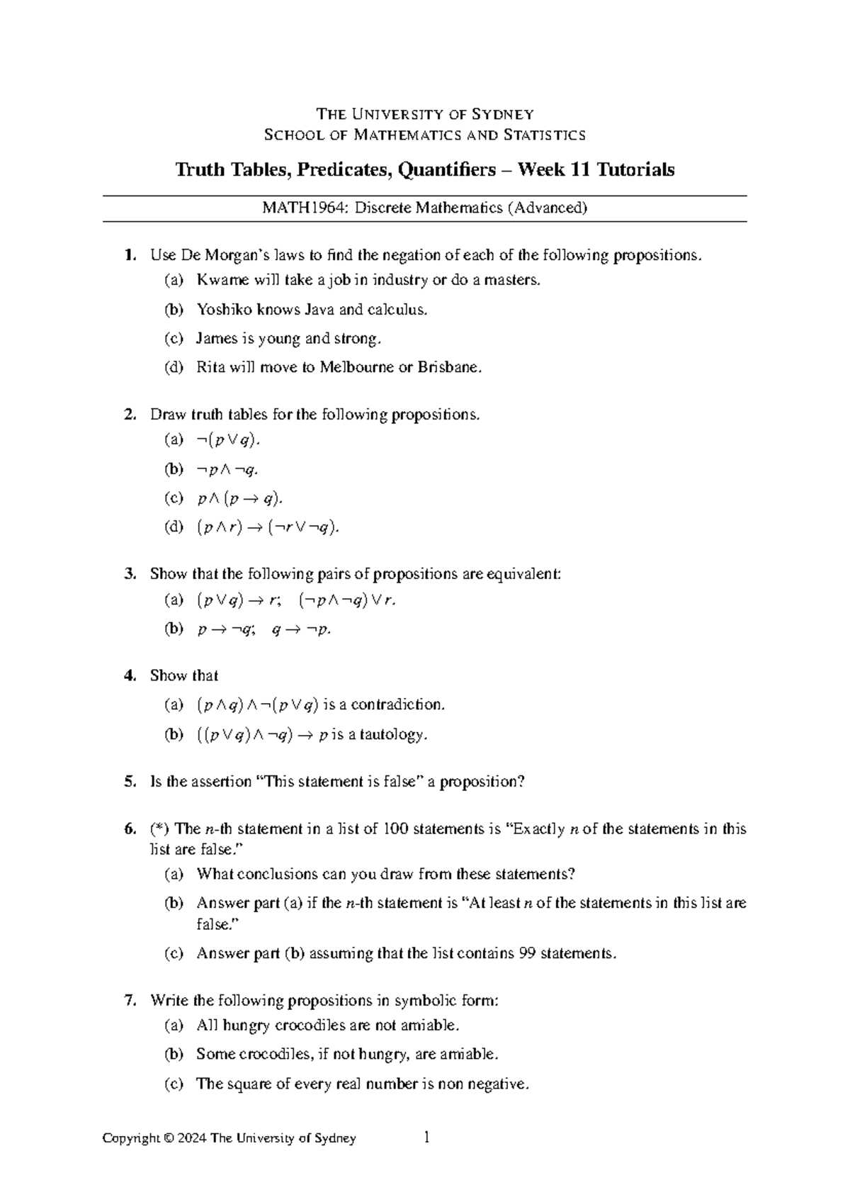 Tutorial Week 11 - THE UNIVERSITY OF SYDNEY SCHOOL OF MATHEMATICS AND ...