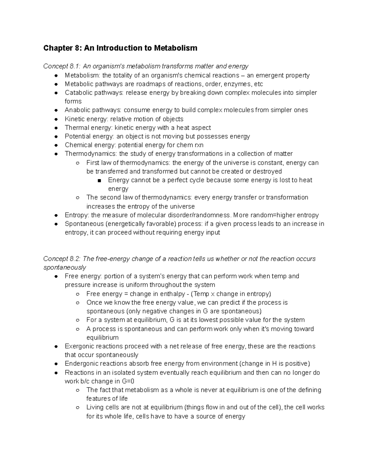 Cambell Bio Chapter 8 Notes - Chapter 8: An Introduction to Metabolism ...