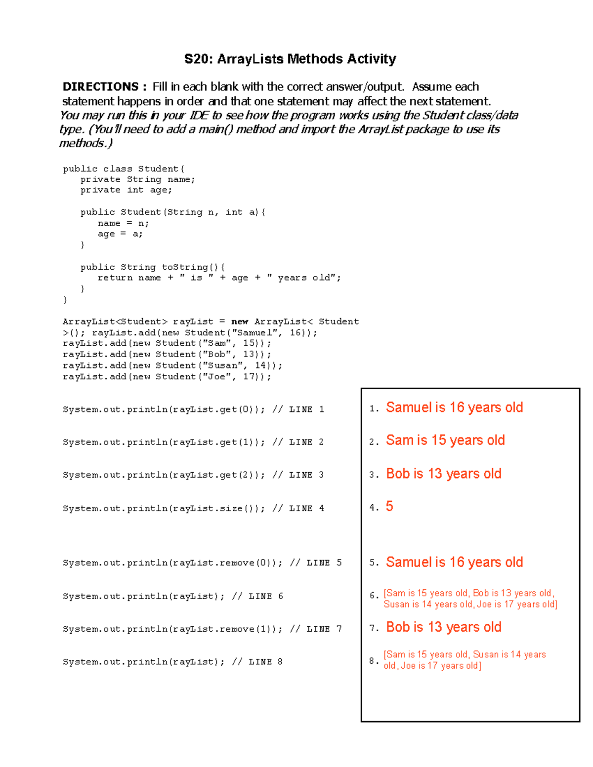 S20Array List Methods Activity Lin F - S2 0 : ArrayLists Methods ...
