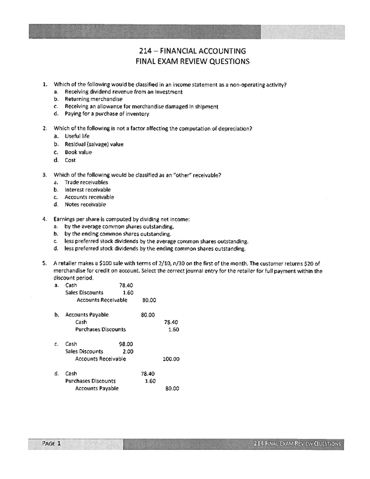 Final Exam Review Questions Kollar - 214 FINANCIAL ACCOUNTING FINAL ...