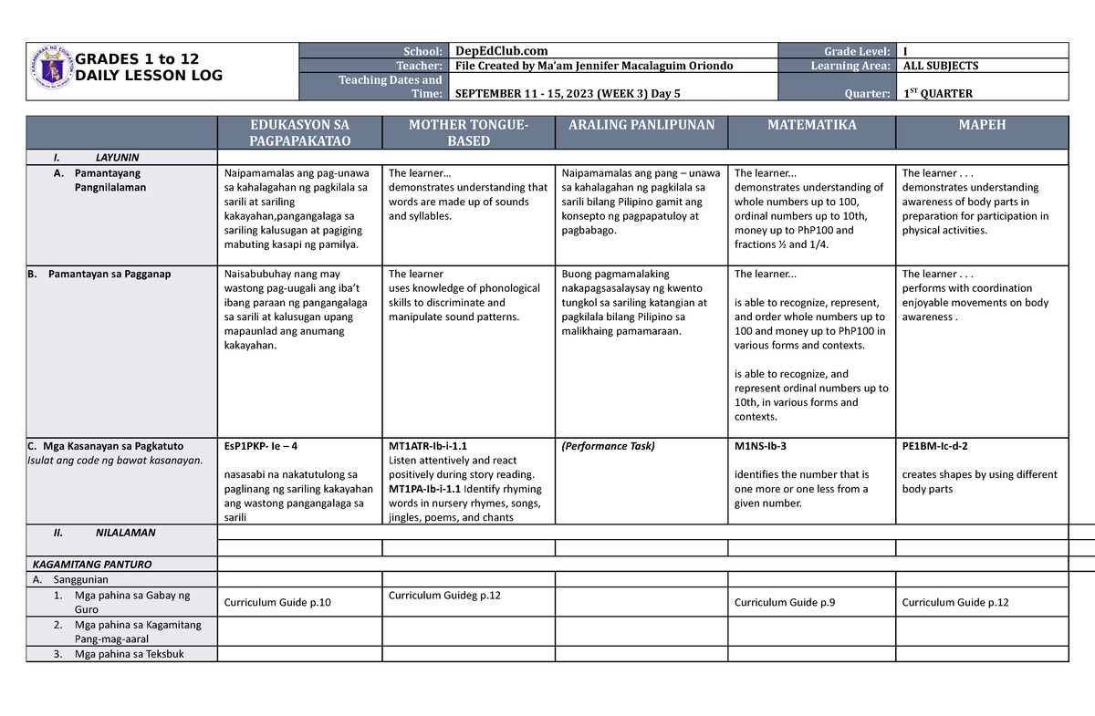 DLL ALL Subjects 1 Q1 W3 D5 - GRADES 1 To 12 DAILY LESSON LOG School ...